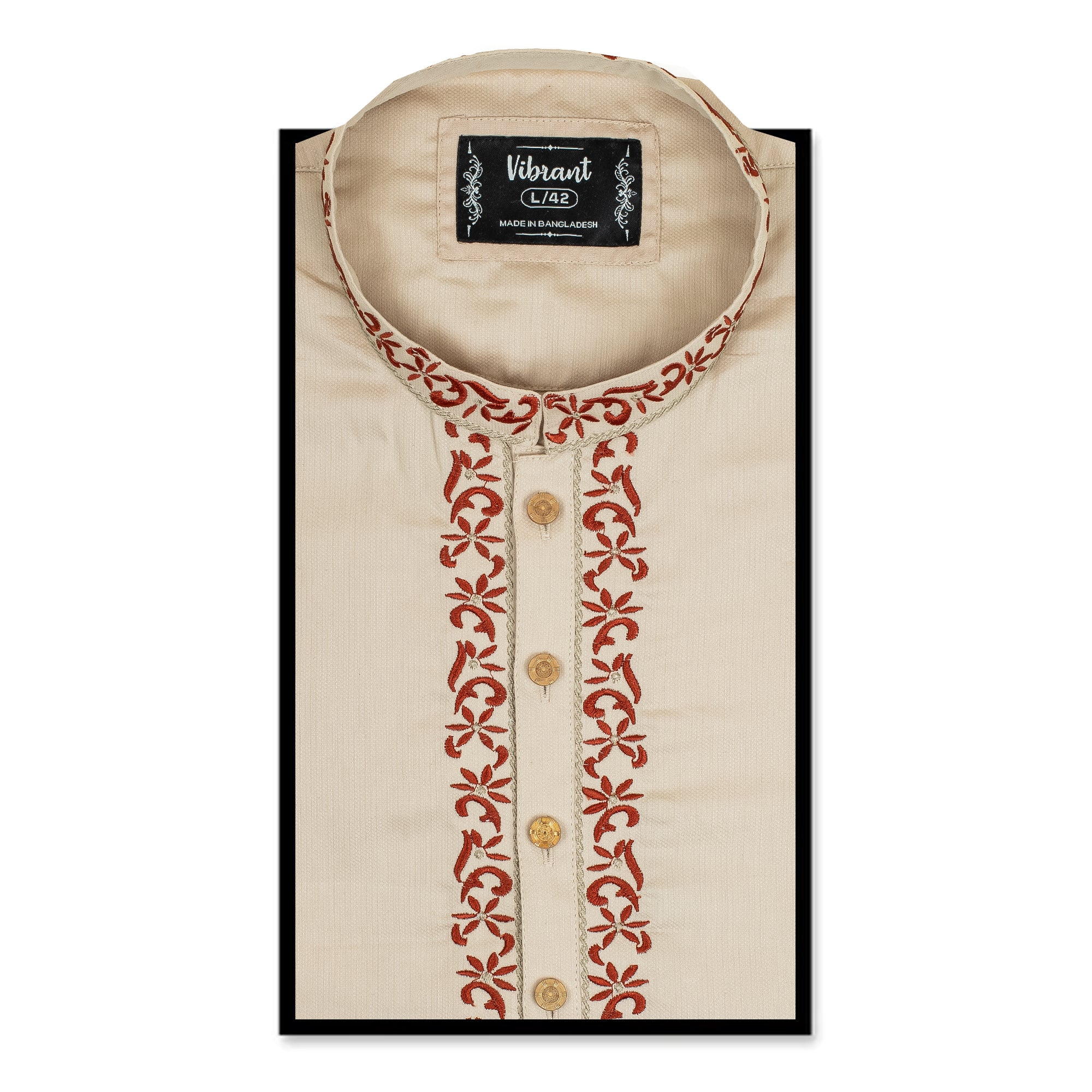 Vibrant Men's Premium Cotton Panjabi Beige – with Red Exquisite Embroidery, Festive & Traditional Wear - Vibrantbd.com