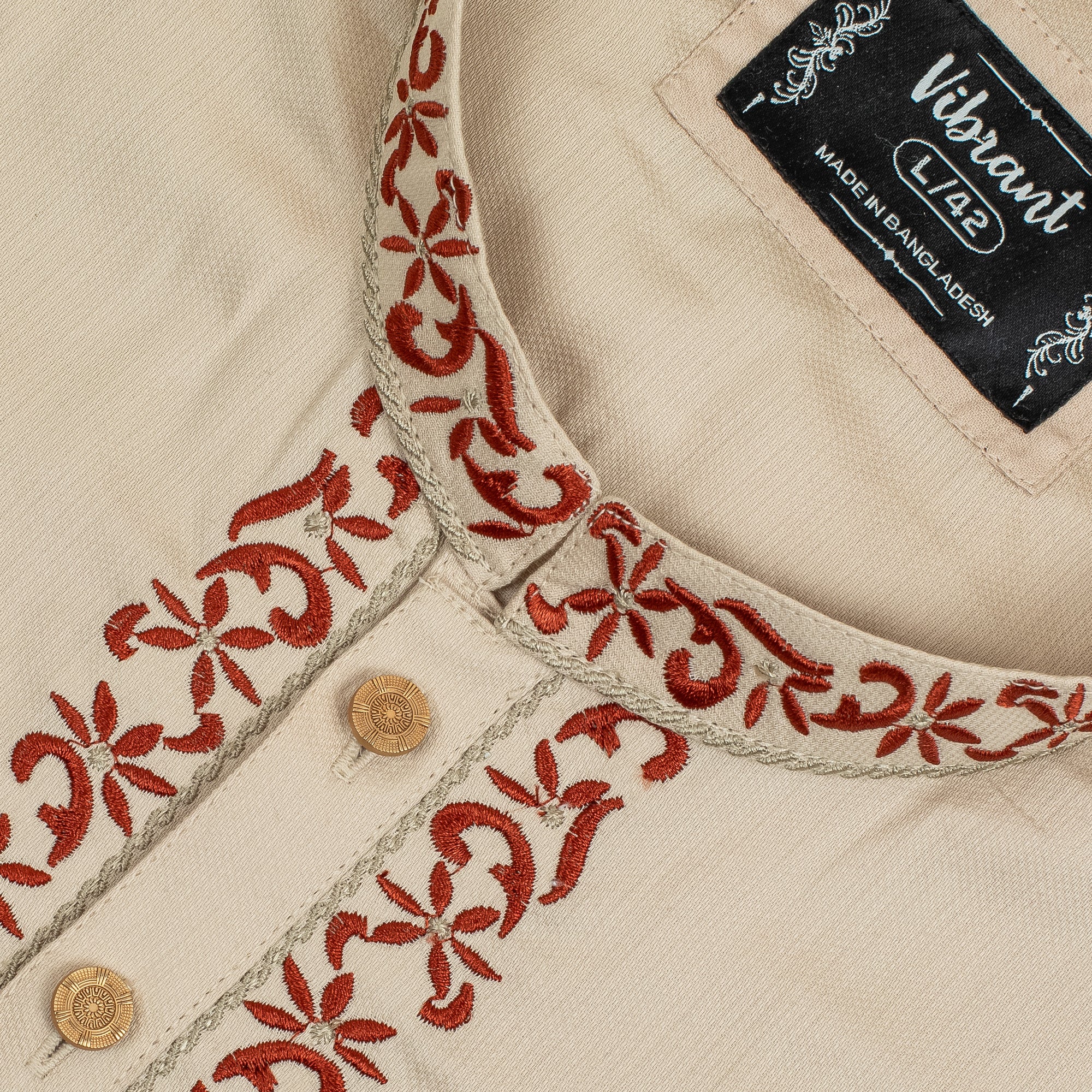 Vibrant Men's Premium Cotton Panjabi Beige – with Red Exquisite Embroidery, Festive & Traditional Wear - Vibrantbd.com
