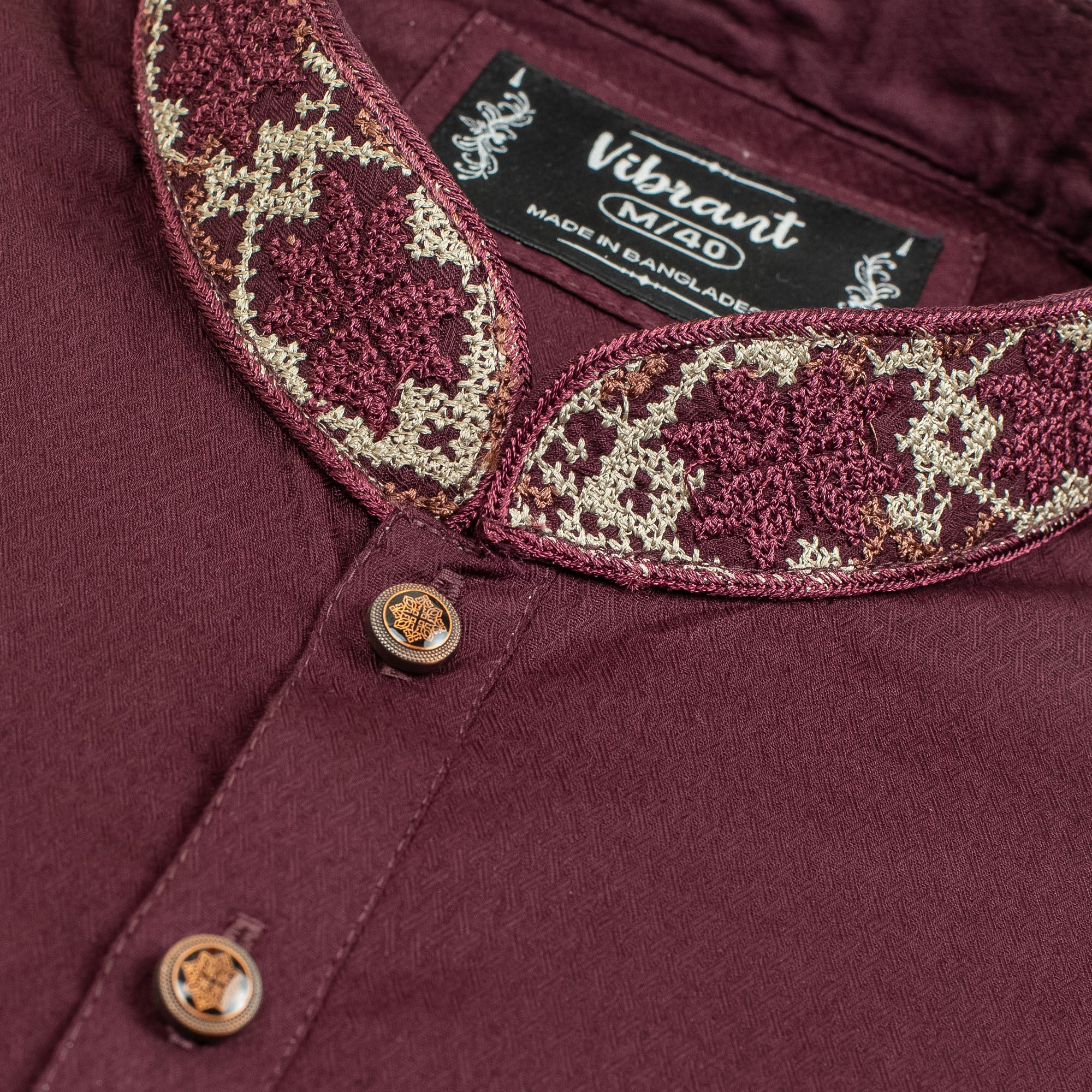 Vibrant Men's Cotton Panjabi – Maroon with Embroidered Collar, Classic Festive & Traditional Wear - Vibrantbd.com