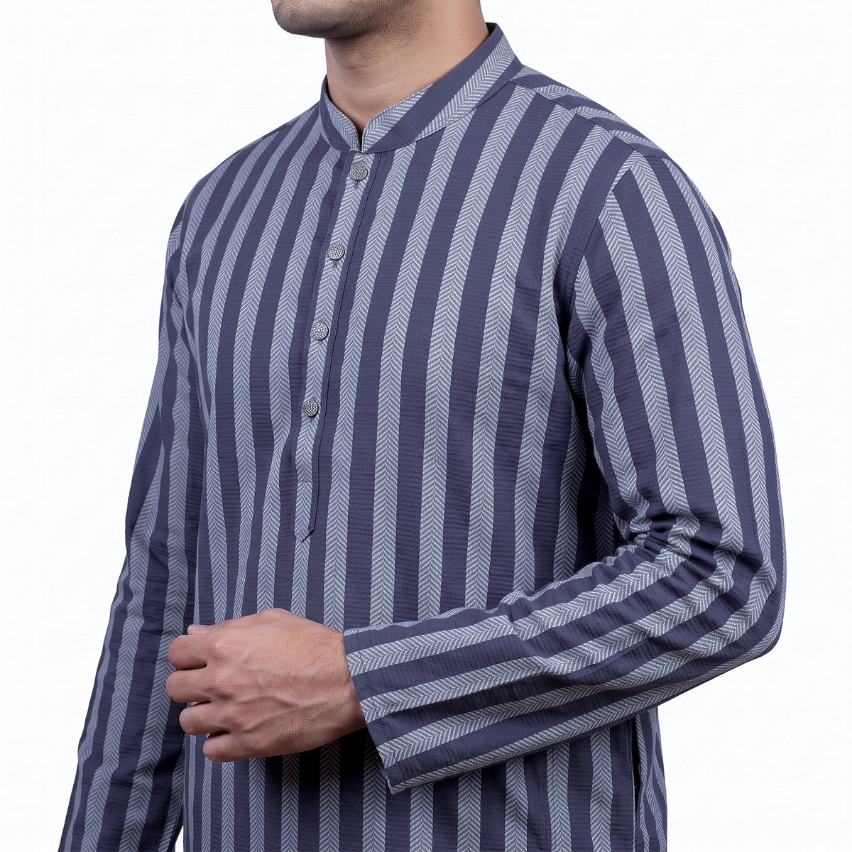 VIBRANT MEN'S SIVER GREY JACQUARD STRIPED COTTON PANJABI
