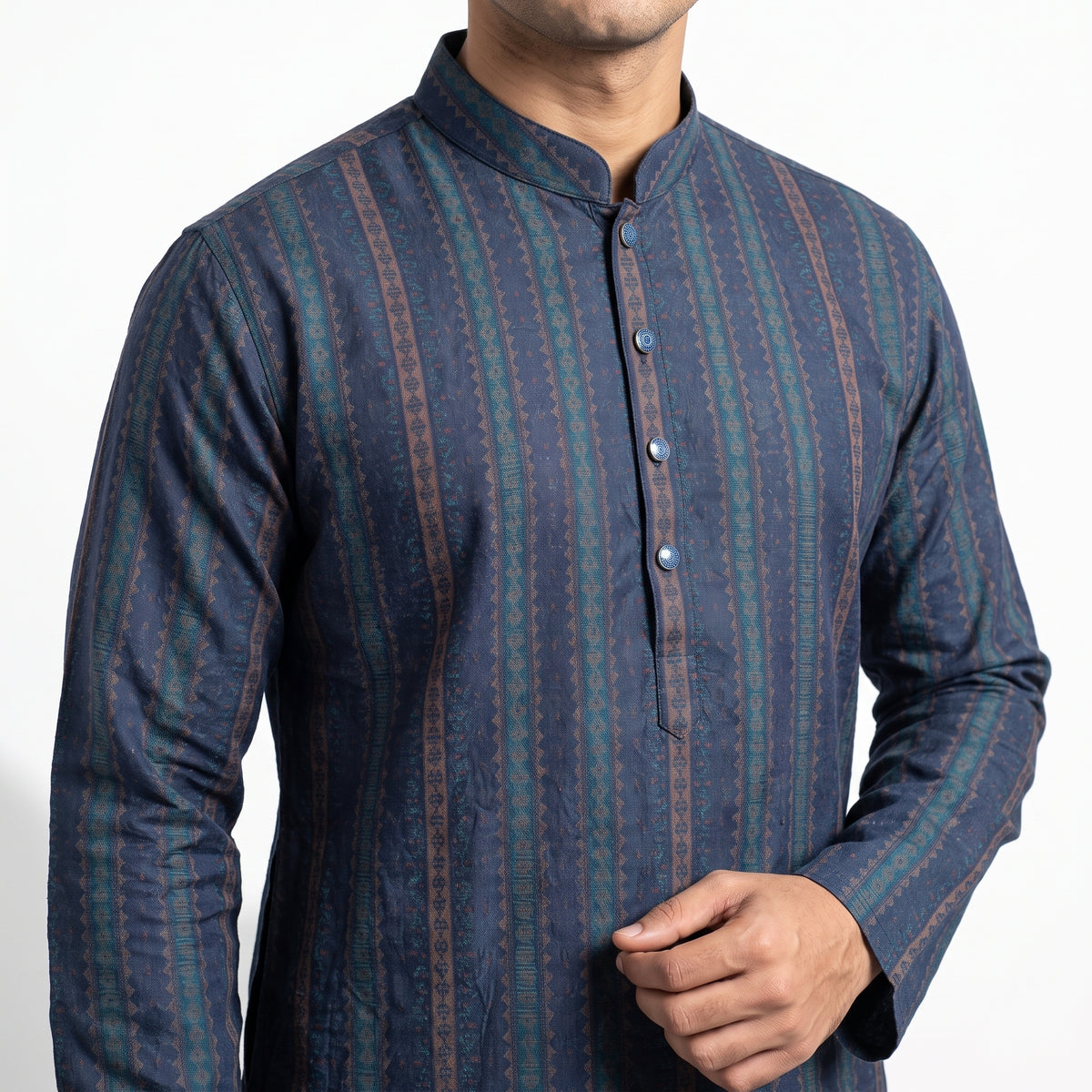 VIBRANT MEN'S NAVY BLUE JACQUARD PRINT COTTON PANJABI - Vibrantbd.com
