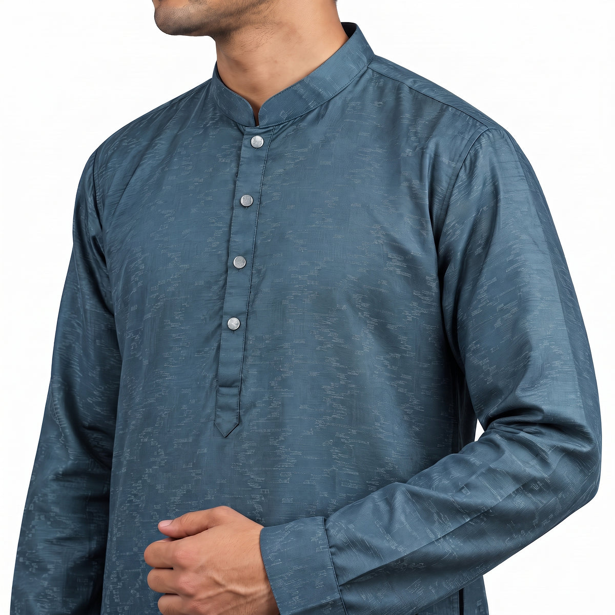VIBRANT MEN'S TEAL BLUE JACQUARD PRINT COTTON PANJABI - Vibrantbd.com
