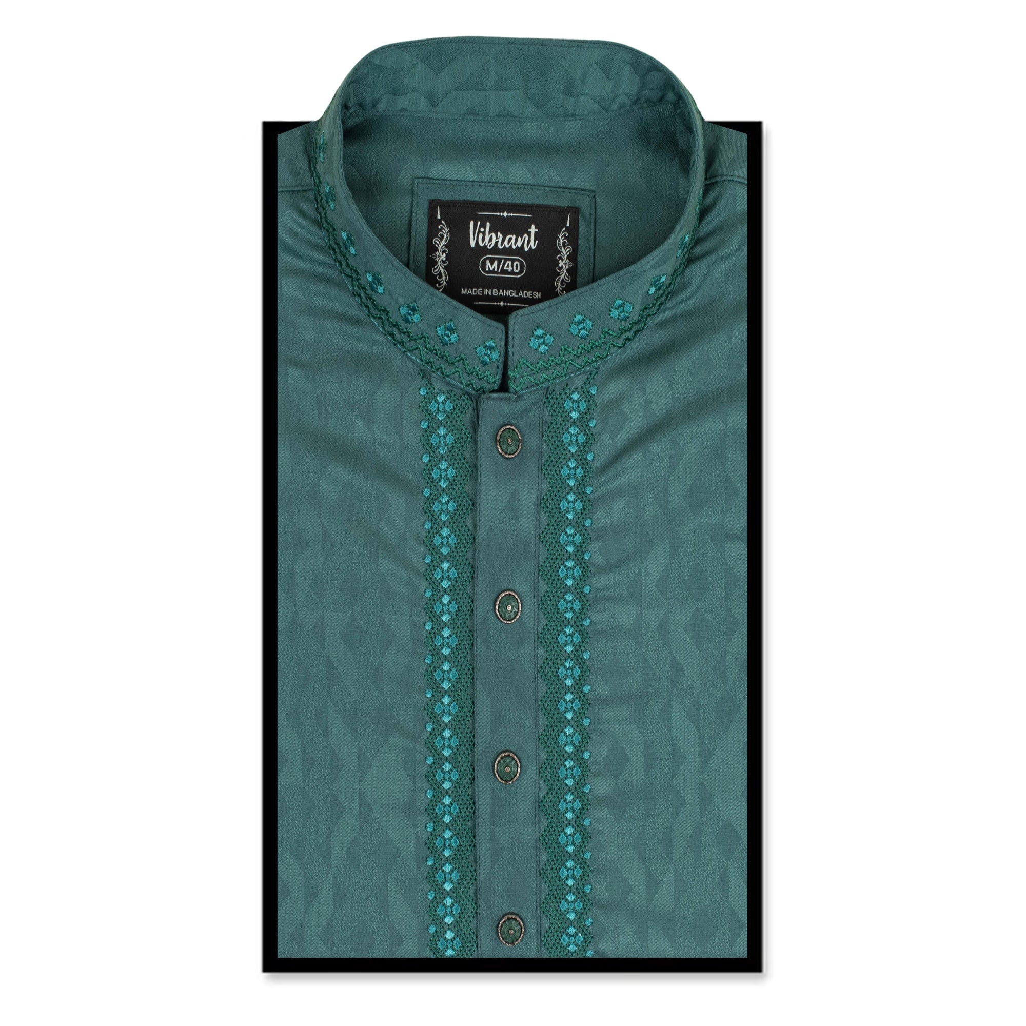 VIBRANT TEAL BLUE BLENDED COTTON PANJABI WITH EMBROIDERY WORK - Vibrantbd.com