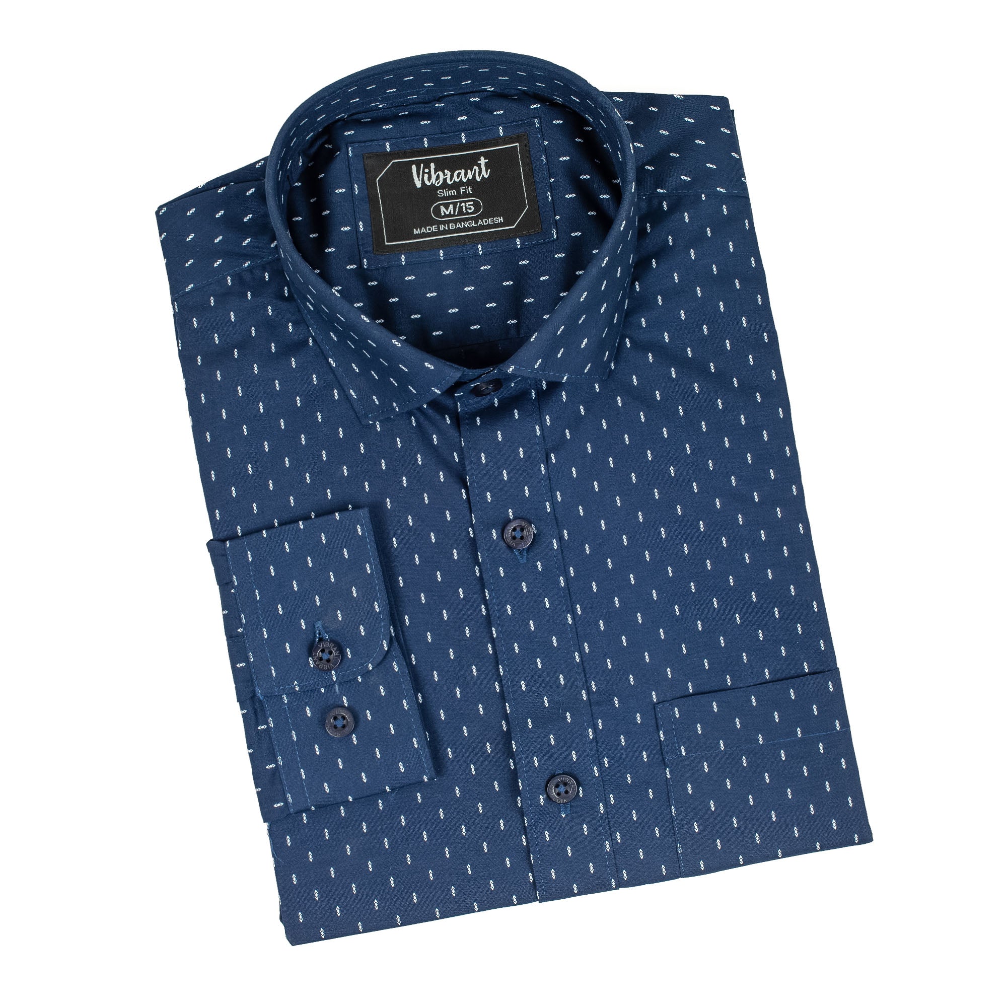 Vibrant Men's Premium Navy Blue Cotton Full Sleeve Shirt - Elegant Slim Fit with Classic Print - Vibrantbd.com