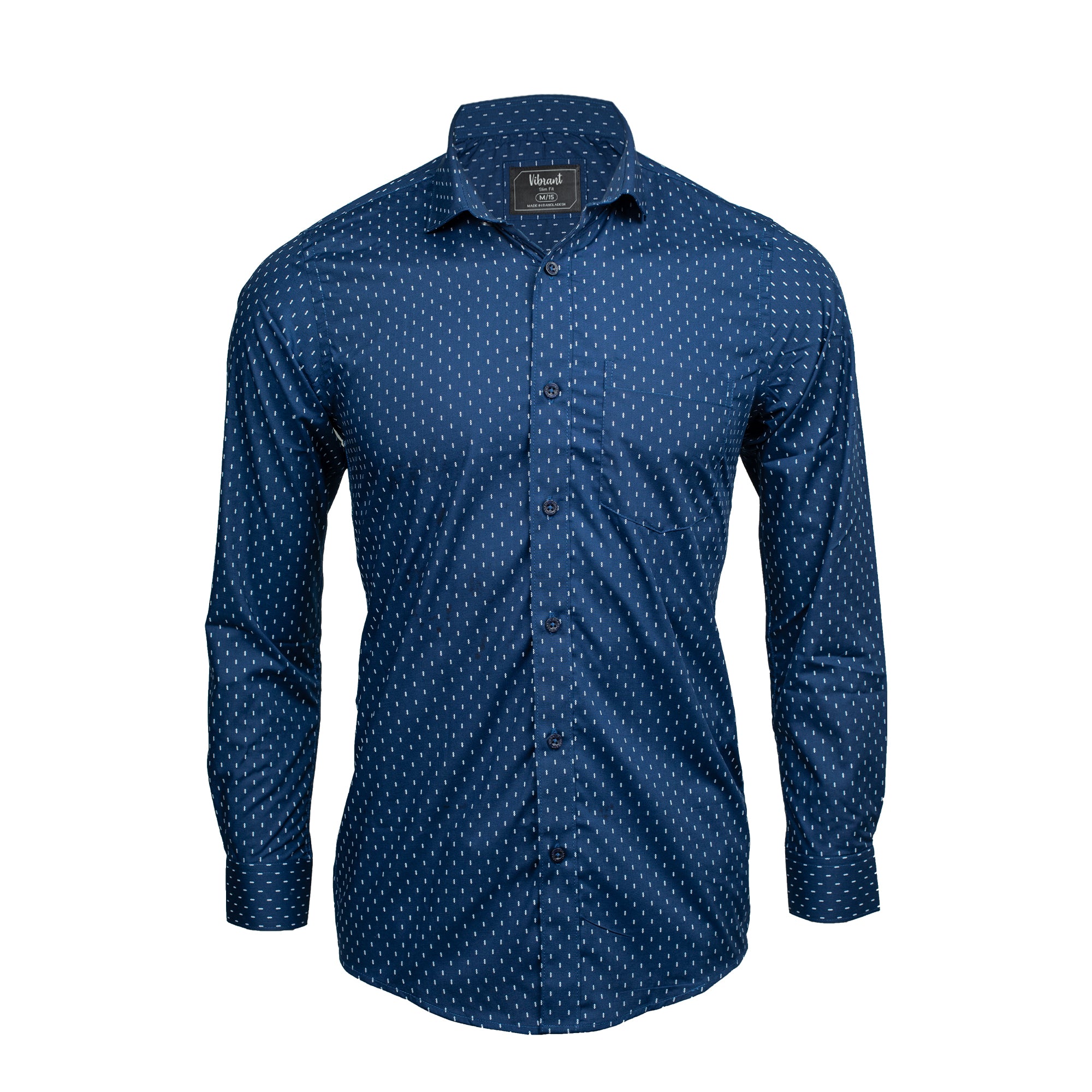 Vibrant Men's Premium Navy Blue Cotton Full Sleeve Shirt - Elegant Slim Fit with Classic Print - Vibrantbd.com