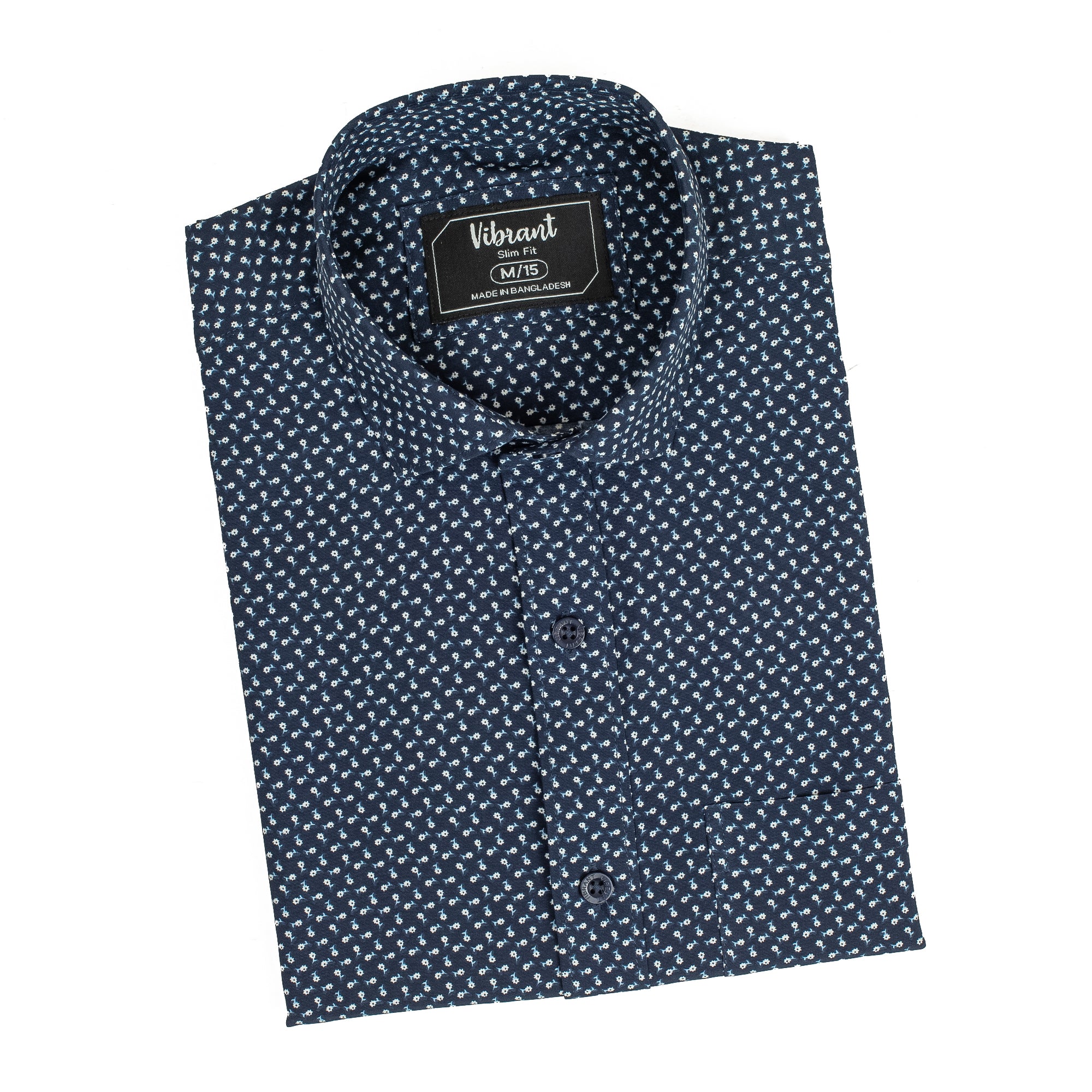 Vibrant Men's Navy Blue Cotton Full Sleeve Shirt - Stylish Slim Fit with Subtle Print - Vibrantbd.com
