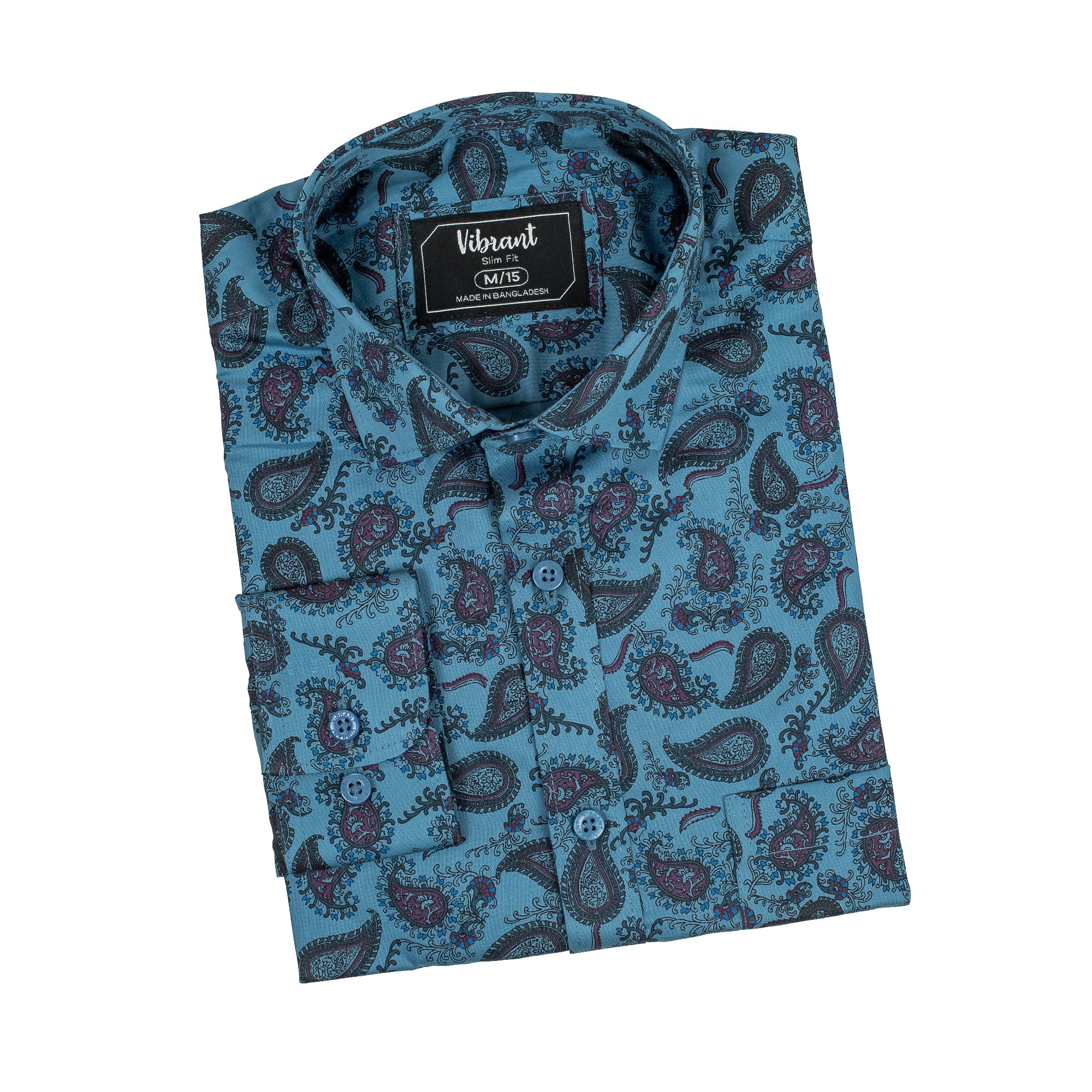 Vibrant Men's Blue Paisley Cotton Full Sleeve Shirt - Slim Fit Elegant Design - Vibrantbd.com