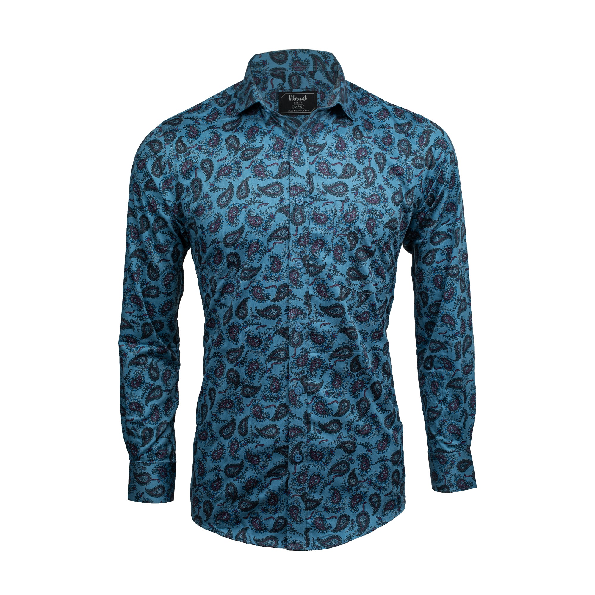 Vibrant Men's Blue Paisley Cotton Full Sleeve Shirt - Slim Fit Elegant Design - Vibrantbd.com