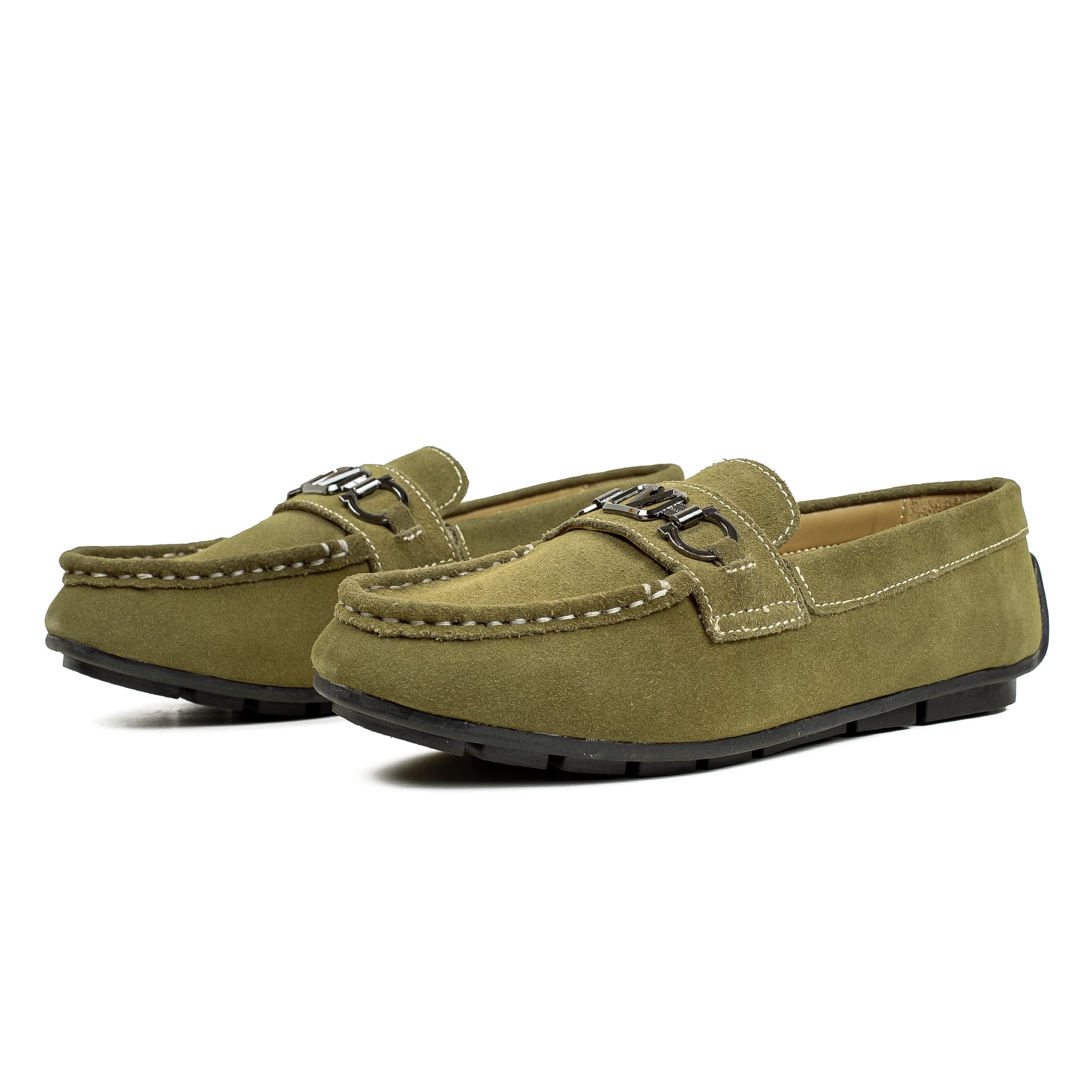 Vibrant Kids Olive Nubuck Leather Moccasin Shoes with Cushioned Insole and Durable TPR Outsole - Vibrantbd.com