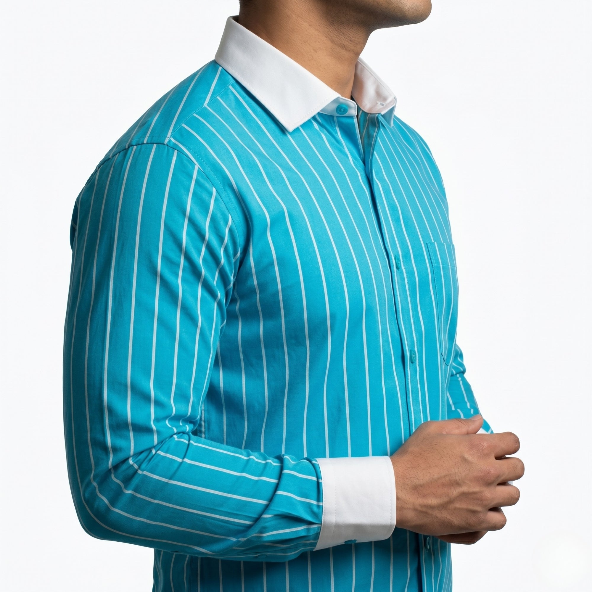 TURQUOISE BLUE COLOR STRIPED MEN FULL SLEEVE FORMAL SHIRT - Vibrantbd.com