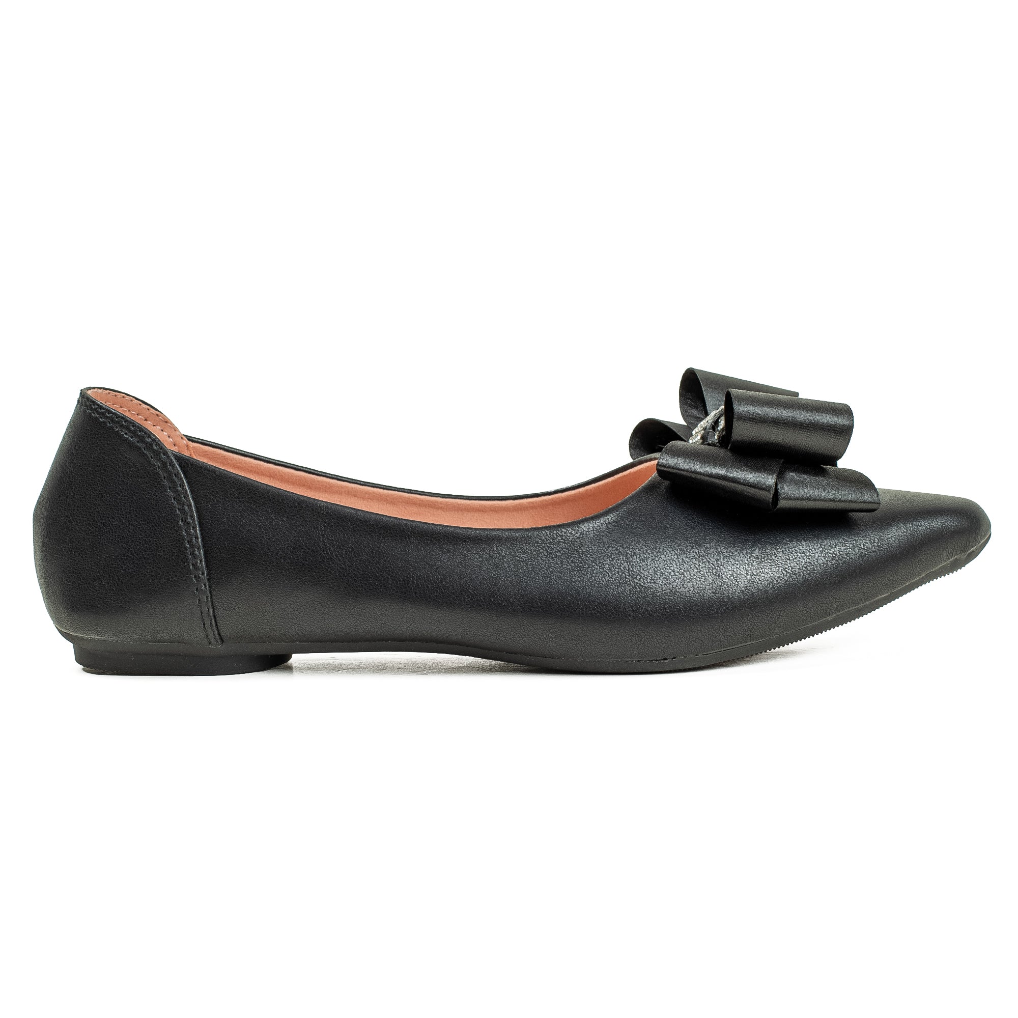 Vibrant Black Pointed Toe Ballerina Flats – Elegant Bow Design, PU Leather, Cushioned Insole for Women - Vibrantbd.com