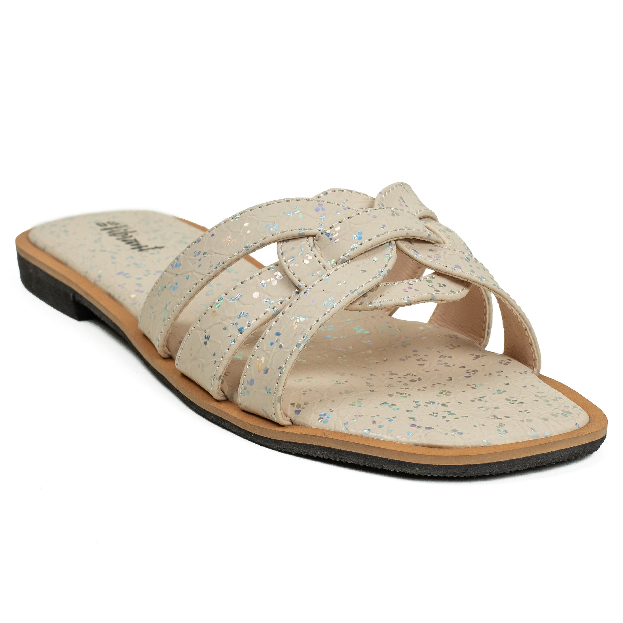 Vibrant Ladies' Beige Flat Sandal – Elegant PU Leather Slip-On with Cushioned Insole & TPR Sole - Vibrantbd.com