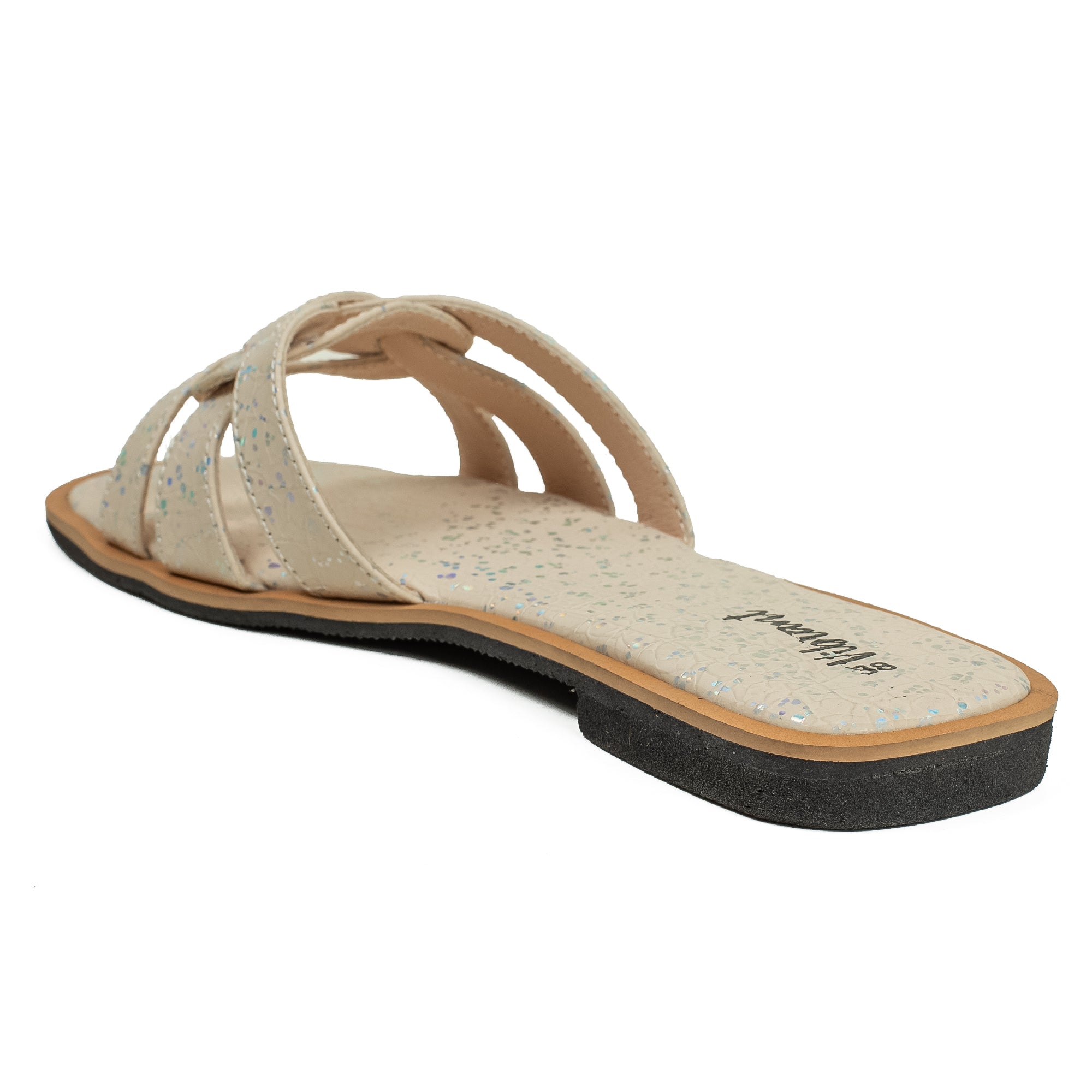 Vibrant Ladies' Beige Flat Sandal – Elegant PU Leather Slip-On with Cushioned Insole & TPR Sole - Vibrantbd.com