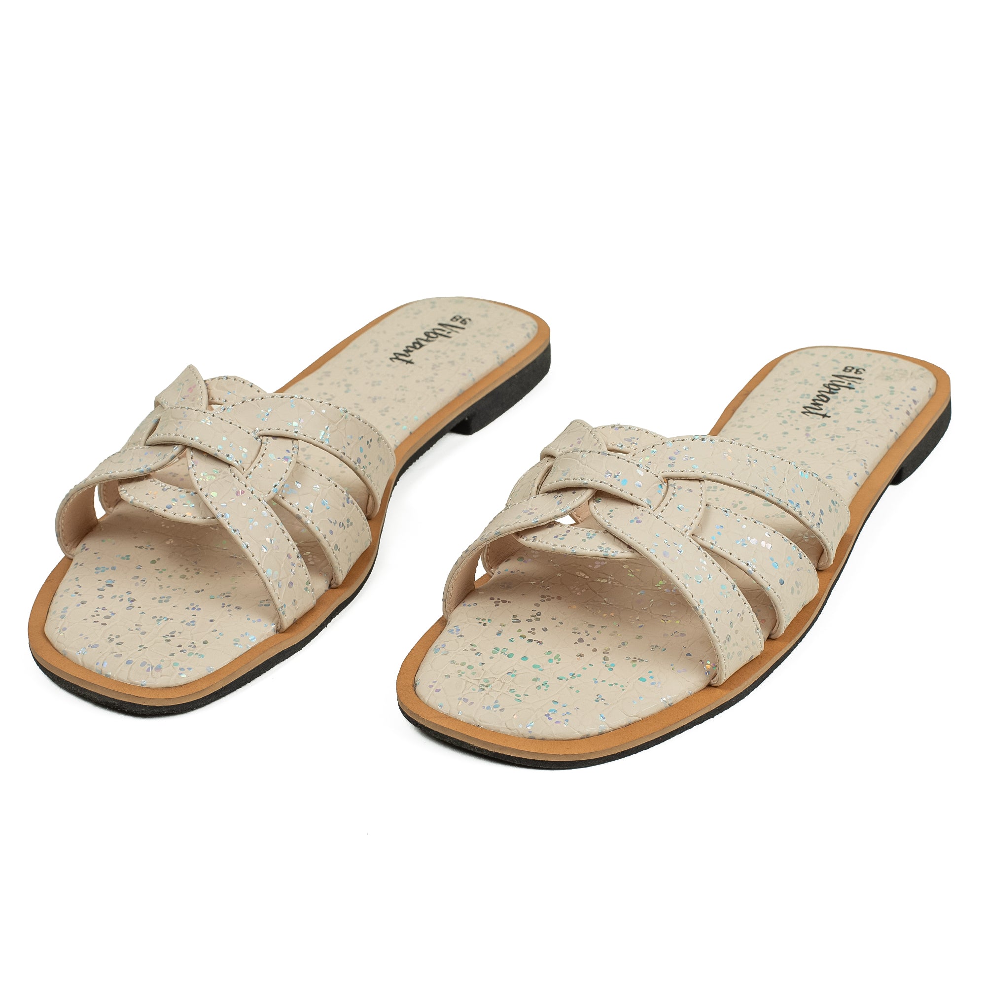 Vibrant Ladies' Beige Flat Sandal – Elegant PU Leather Slip-On with Cushioned Insole & TPR Sole - Vibrantbd.com