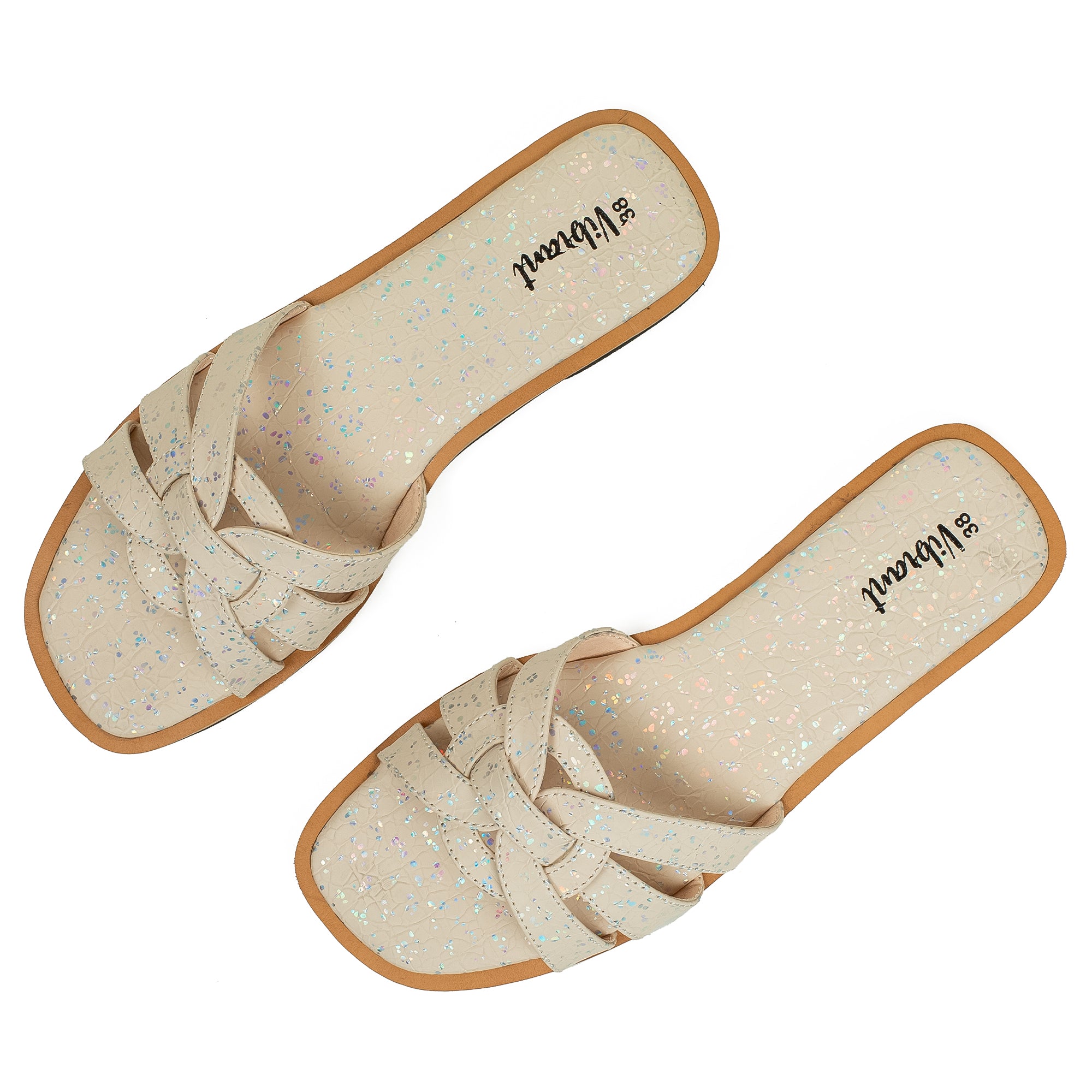 Vibrant Ladies' Beige Flat Sandal – Elegant PU Leather Slip-On with Cushioned Insole & TPR Sole - Vibrantbd.com