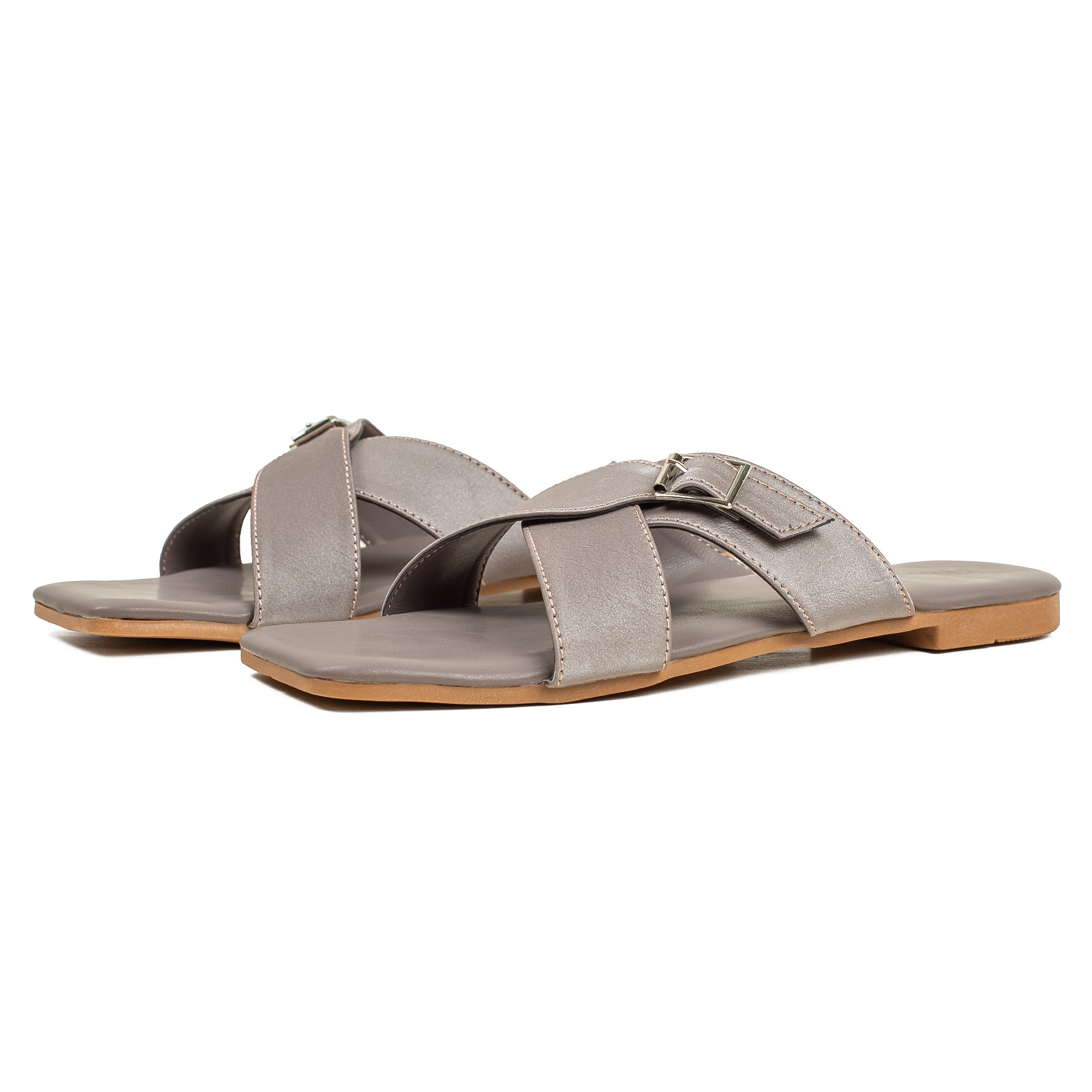 Vibrant Ladies' Grey Flat Sandal – Stylish PU Leather Comfort Footwear with Cushioned Insole & TPR Sole - Vibrantbd.com