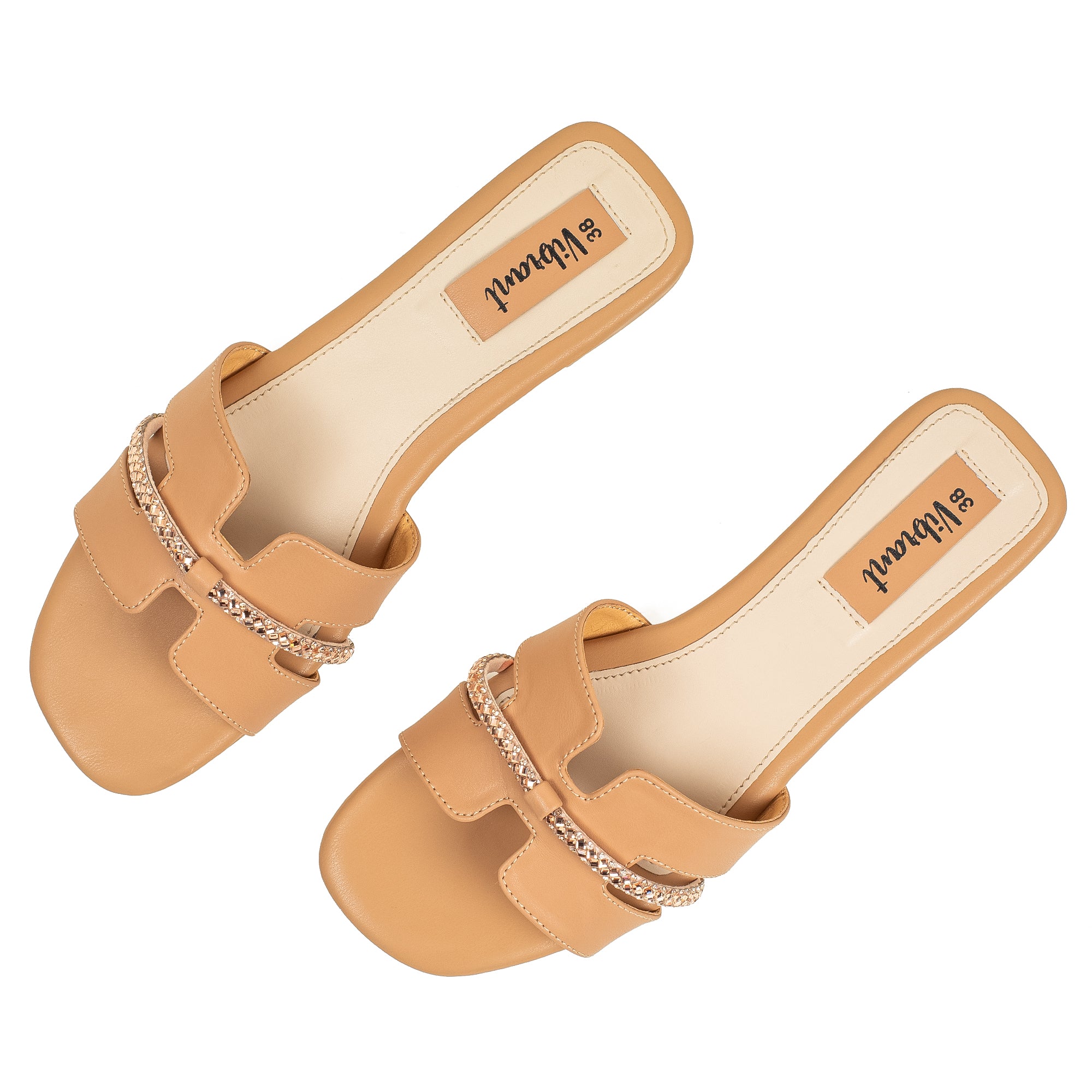 Vibrant Ladies' Beige Flat Sandal – Elegant PU Leather Slip-On with Cushioned Insole & TPR Sole - Vibrantbd.com