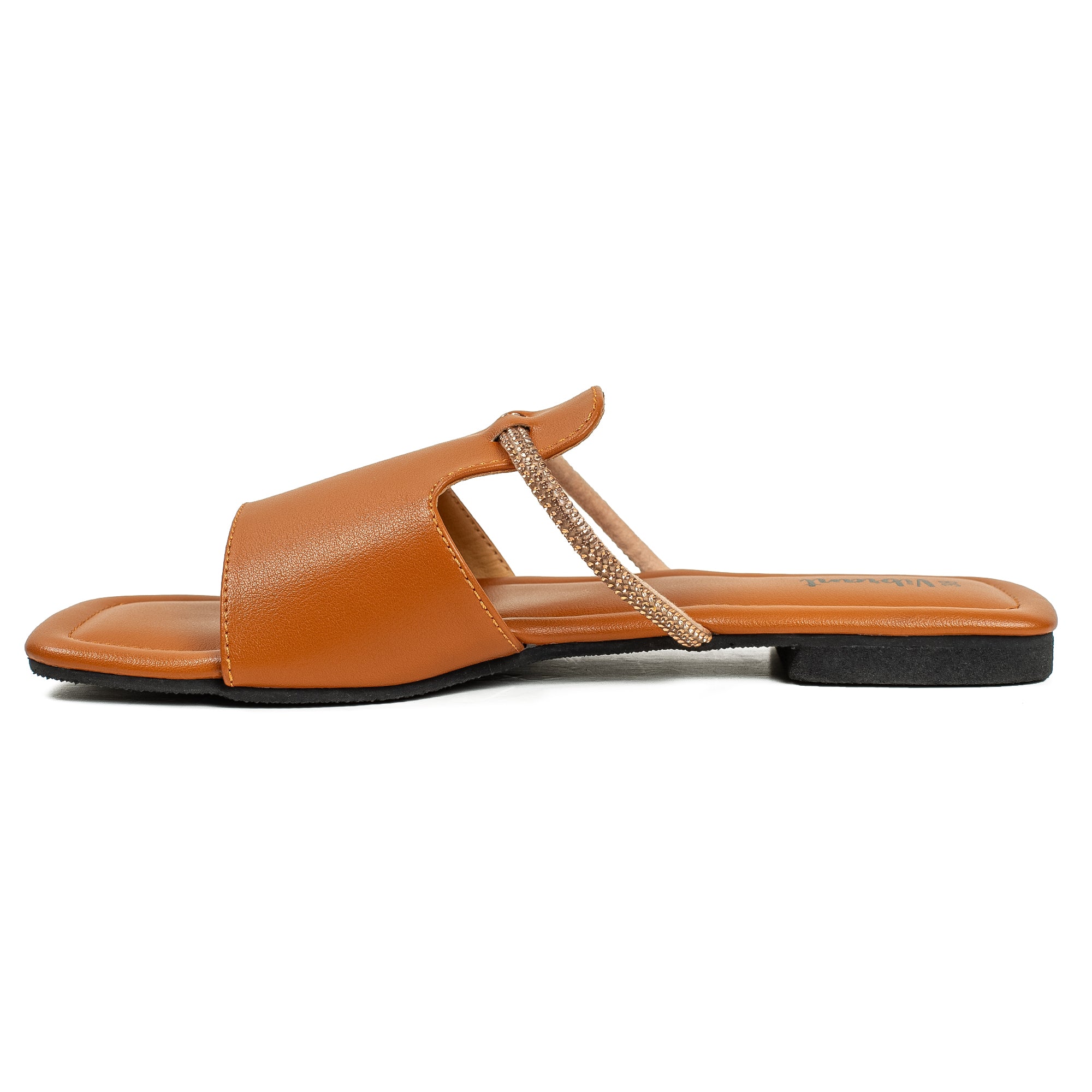 Vibrant Ladies' Tan Flat Sandal – Elegant PU Leather Slip-On with Cushioned Insole & TPR Sole - Vibrantbd.com