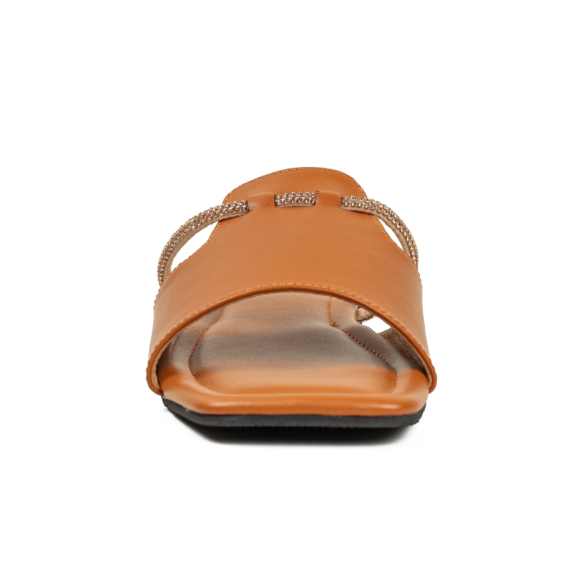 Vibrant Ladies' Tan Flat Sandal – Elegant PU Leather Slip-On with Cushioned Insole & TPR Sole - Vibrantbd.com