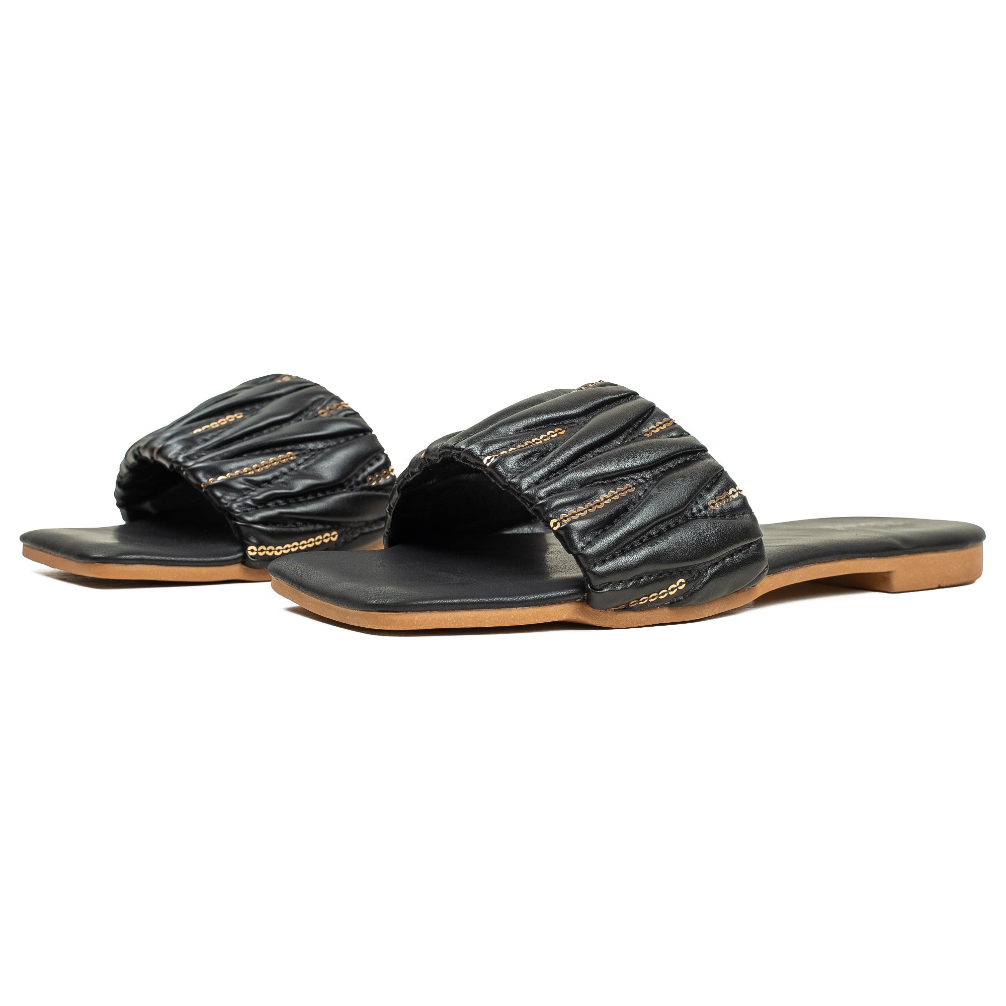 Vibrant Women's Black Flat Sandals – Stylish PU Leather Comfort Slides with Cushioned Insole - Vibrantbd.com