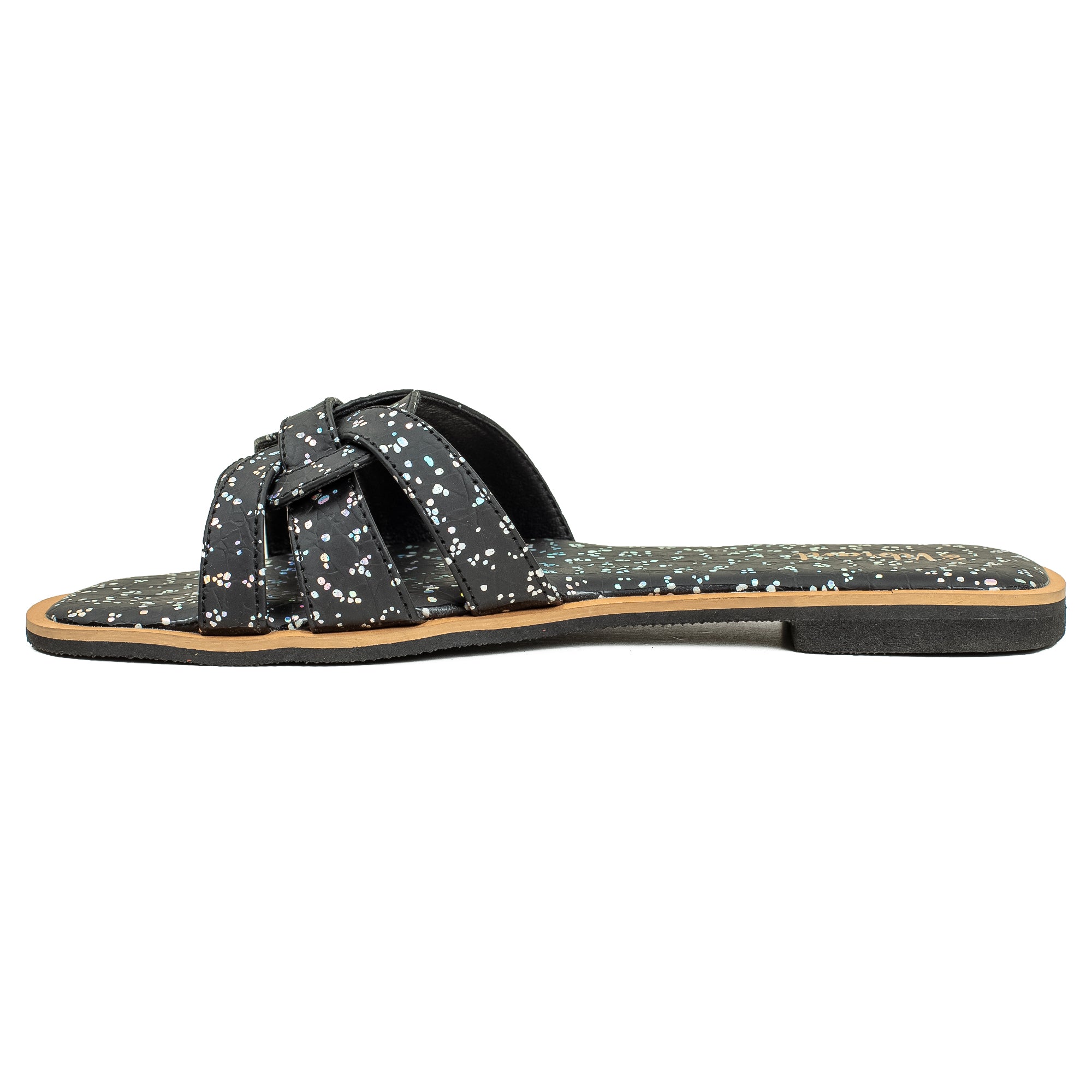 Vibrant Ladies' Black Flat Sandal – Elegant PU Leather Slip-On with Cushioned Insole & TPR Sole - Vibrantbd.com