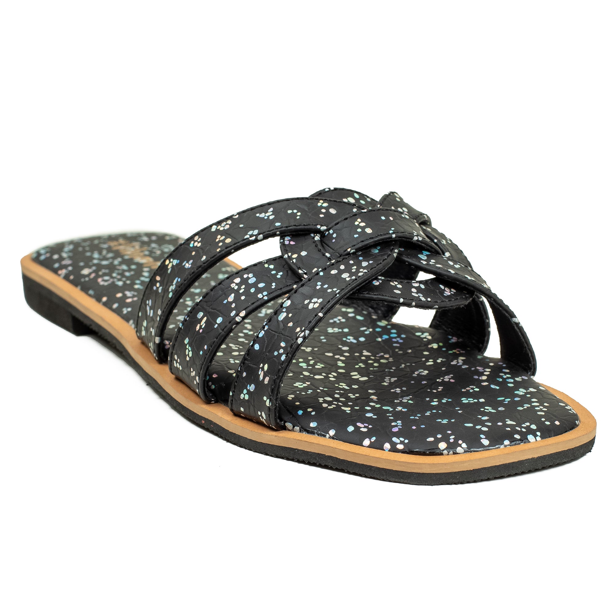 Vibrant Ladies' Black Flat Sandal – Elegant PU Leather Slip-On with Cushioned Insole & TPR Sole - Vibrantbd.com
