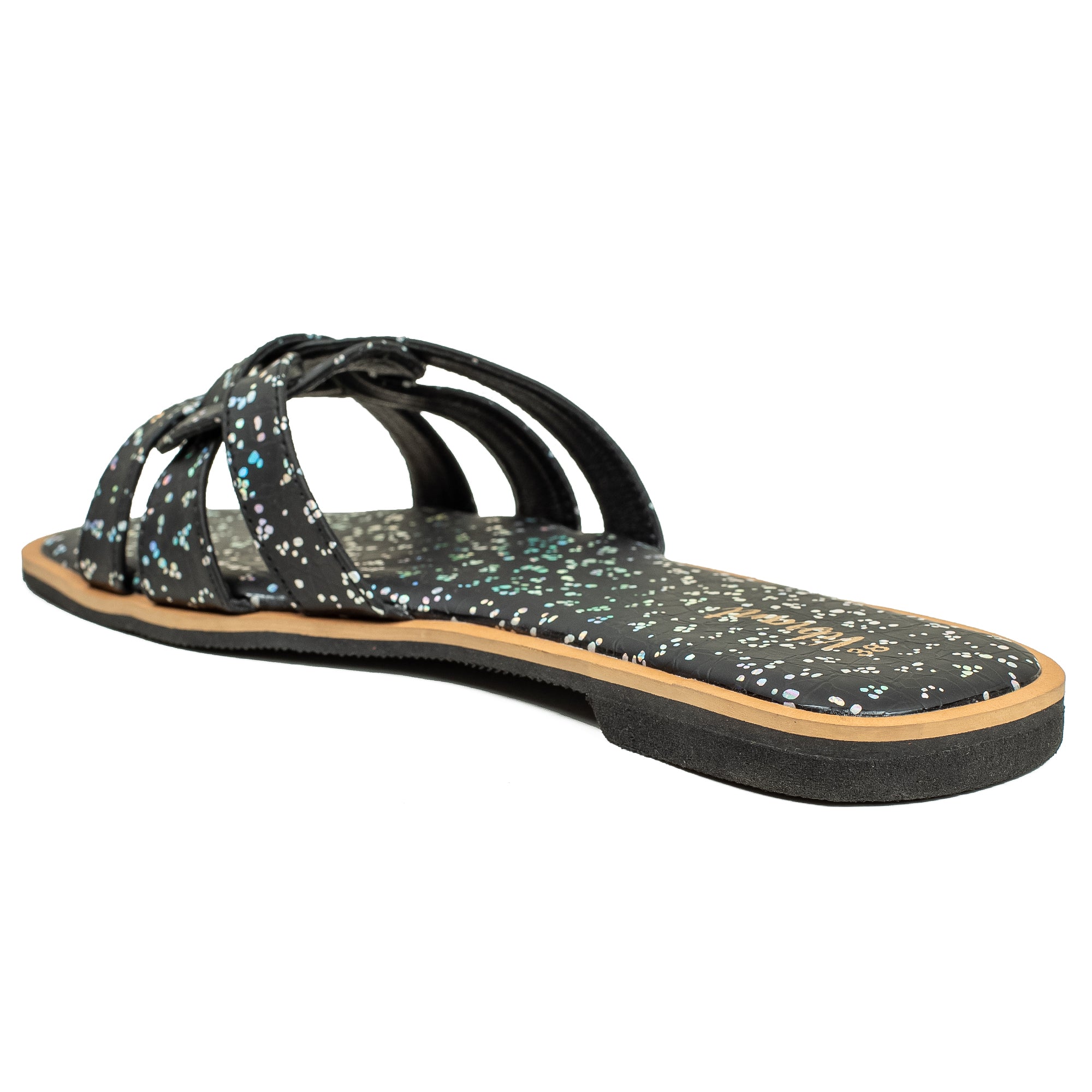 Vibrant Ladies' Black Flat Sandal – Elegant PU Leather Slip-On with Cushioned Insole & TPR Sole - Vibrantbd.com