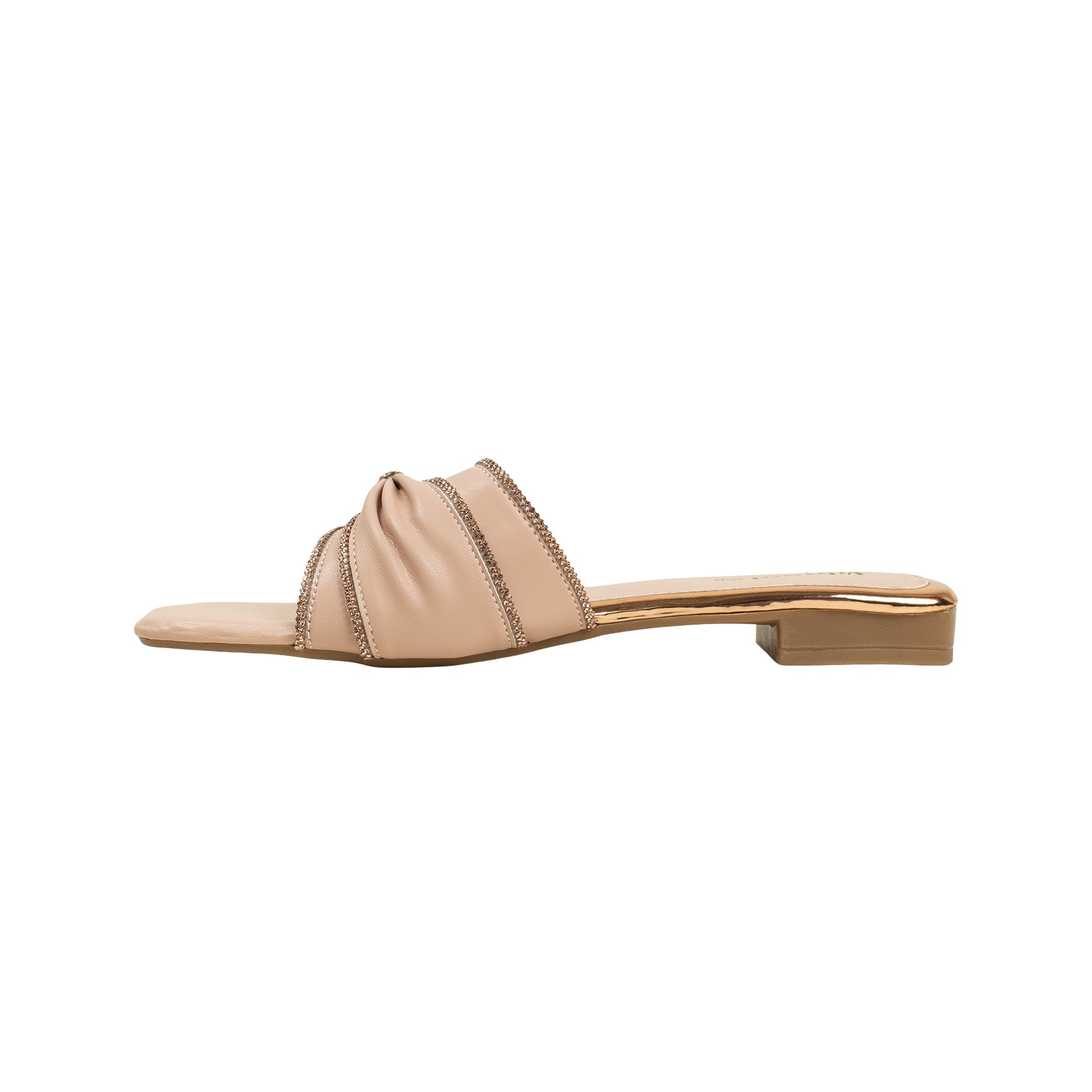 Vibrant Ladies' Beige Flat Sandal – Elegant PU Leather Slip-On with Cushioned Insole & TPR Sole - Vibrantbd.com