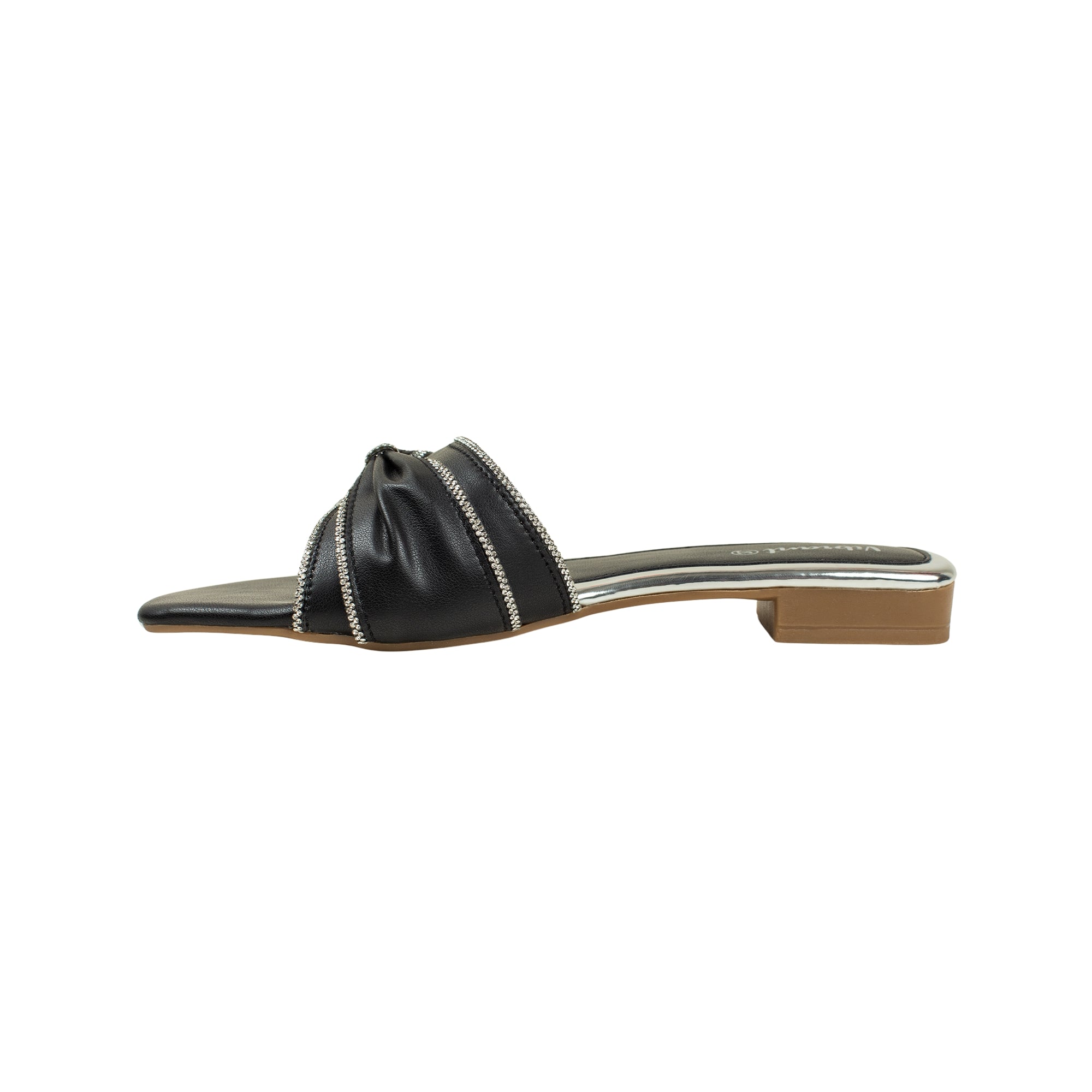 Vibrant Ladies' Black Flat Sandal – Elegant PU Leather Slip-On with Cushioned Insole & TPR Sole - Vibrantbd.com