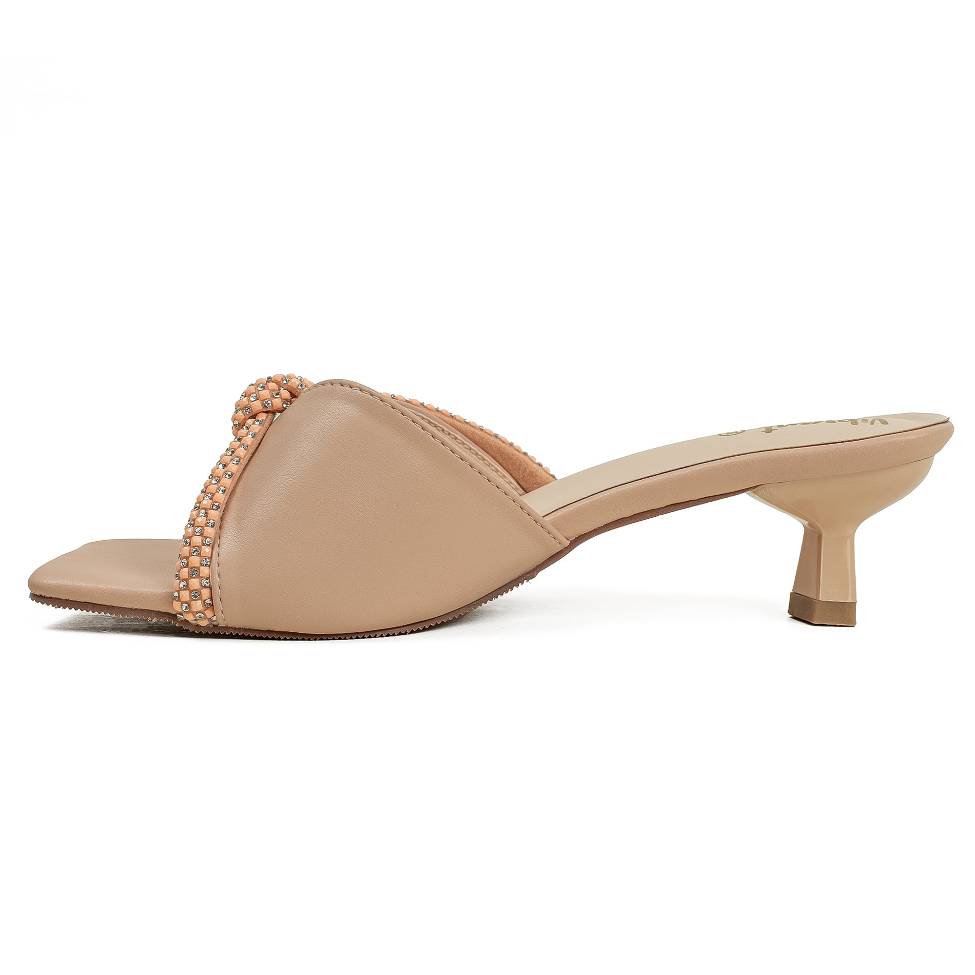 Vibrant Women's Beige Kitten Heel Sandals – Elegant Pearl Strap, PU Leather, Cushioned Insole for Fashion Lovers - Vibrantbd.com