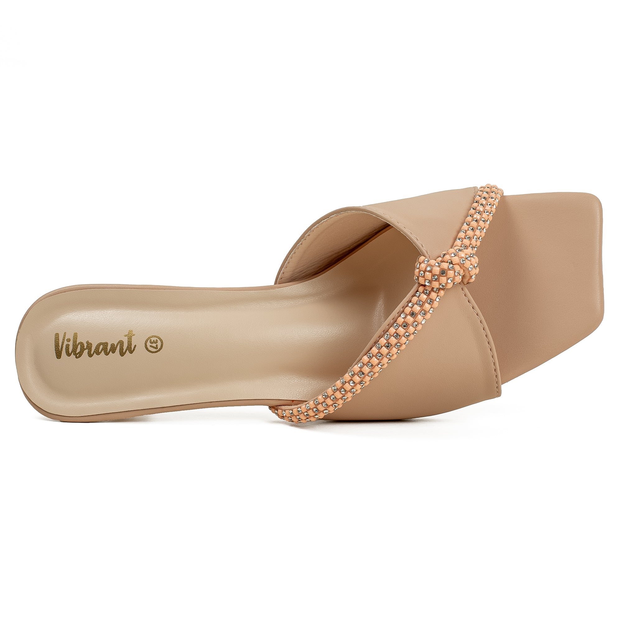 Vibrant Women's Beige Kitten Heel Sandals – Elegant Pearl Strap, PU Leather, Cushioned Insole for Fashion Lovers - Vibrantbd.com