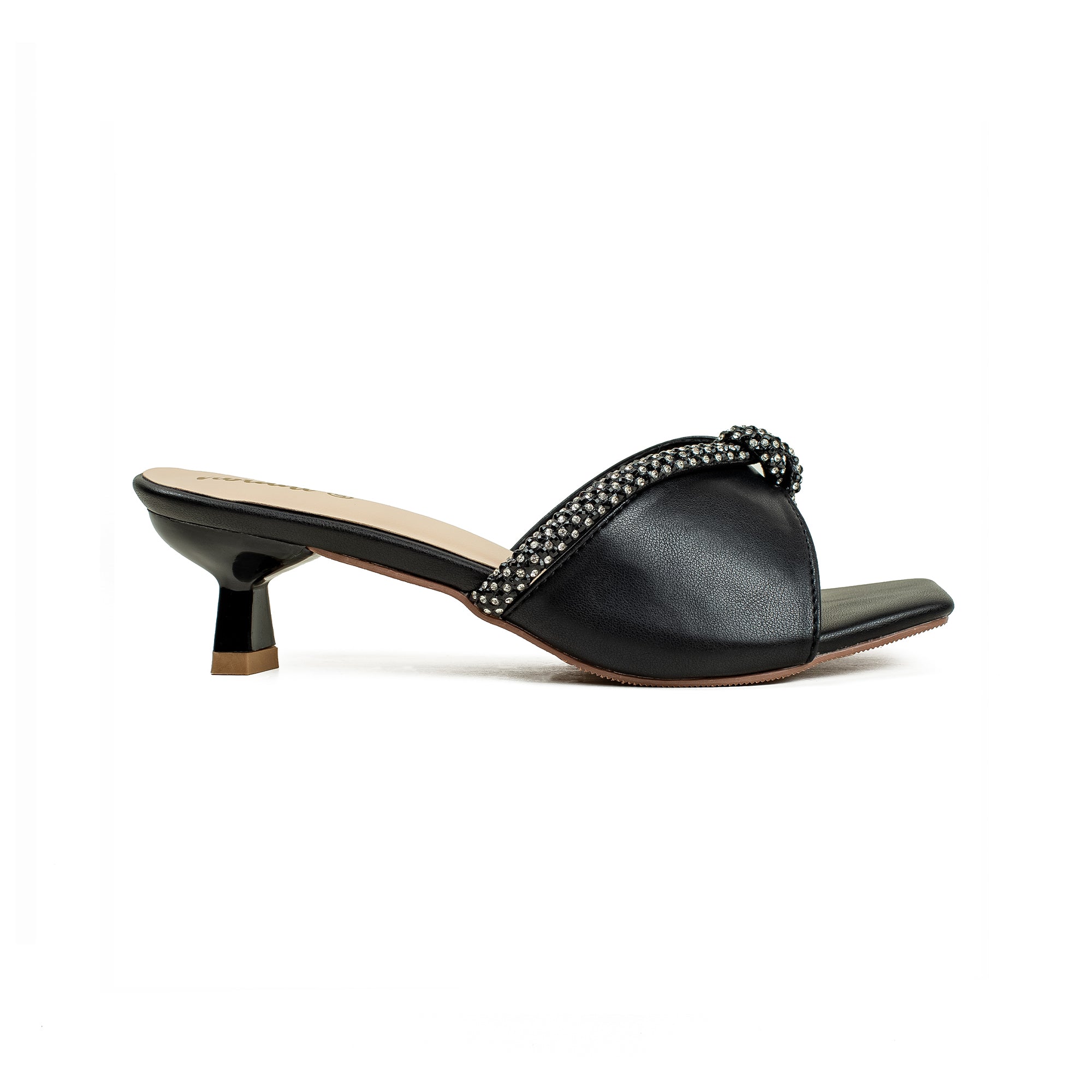 Vibrant Women's Black Kitten Heel Sandals – Elegant Pearl Strap, PU Leather, Cushioned Insole for Fashion Lovers - Vibrantbd.com