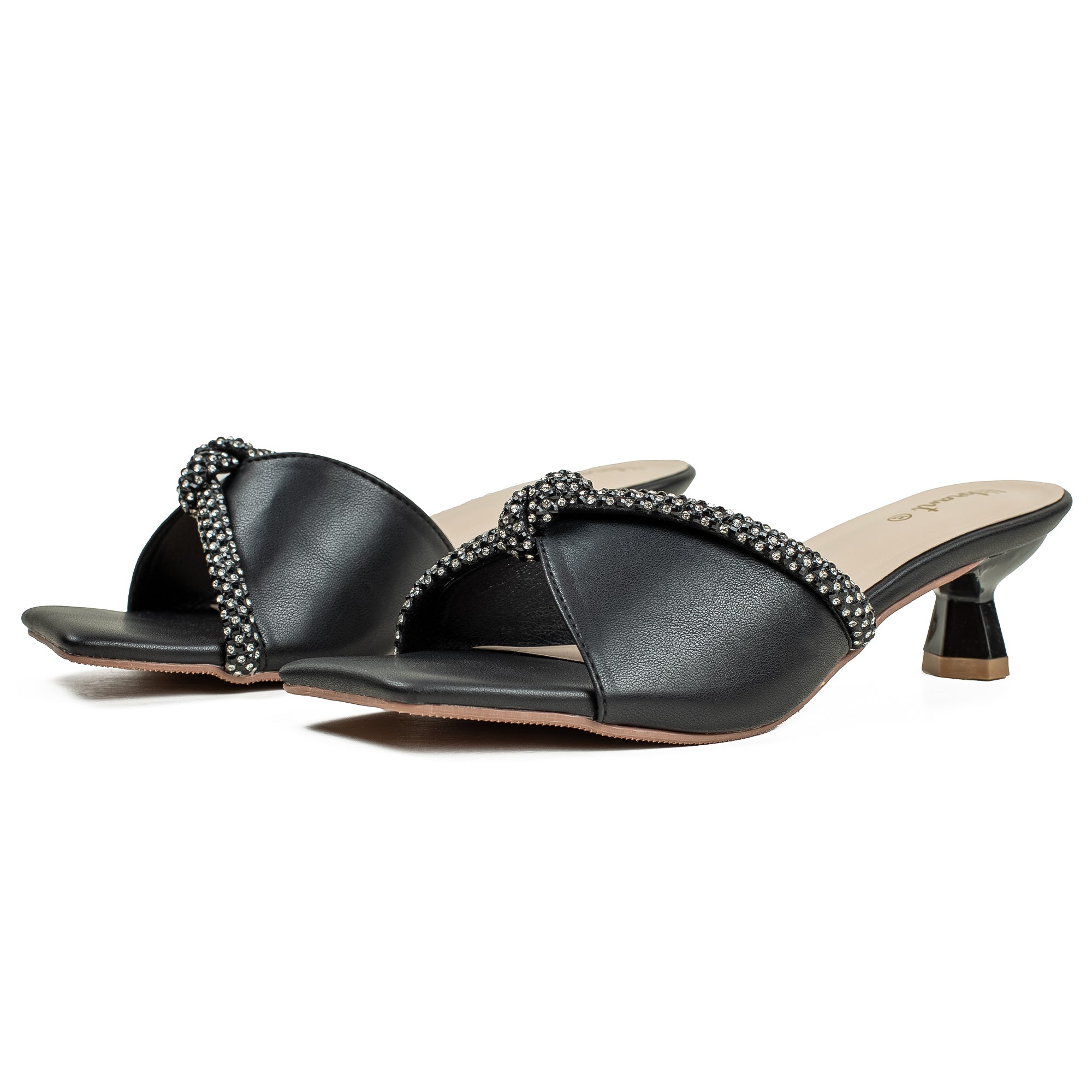 Vibrant Women's Black Kitten Heel Sandals – Elegant Pearl Strap, PU Leather, Cushioned Insole for Fashion Lovers - Vibrantbd.com