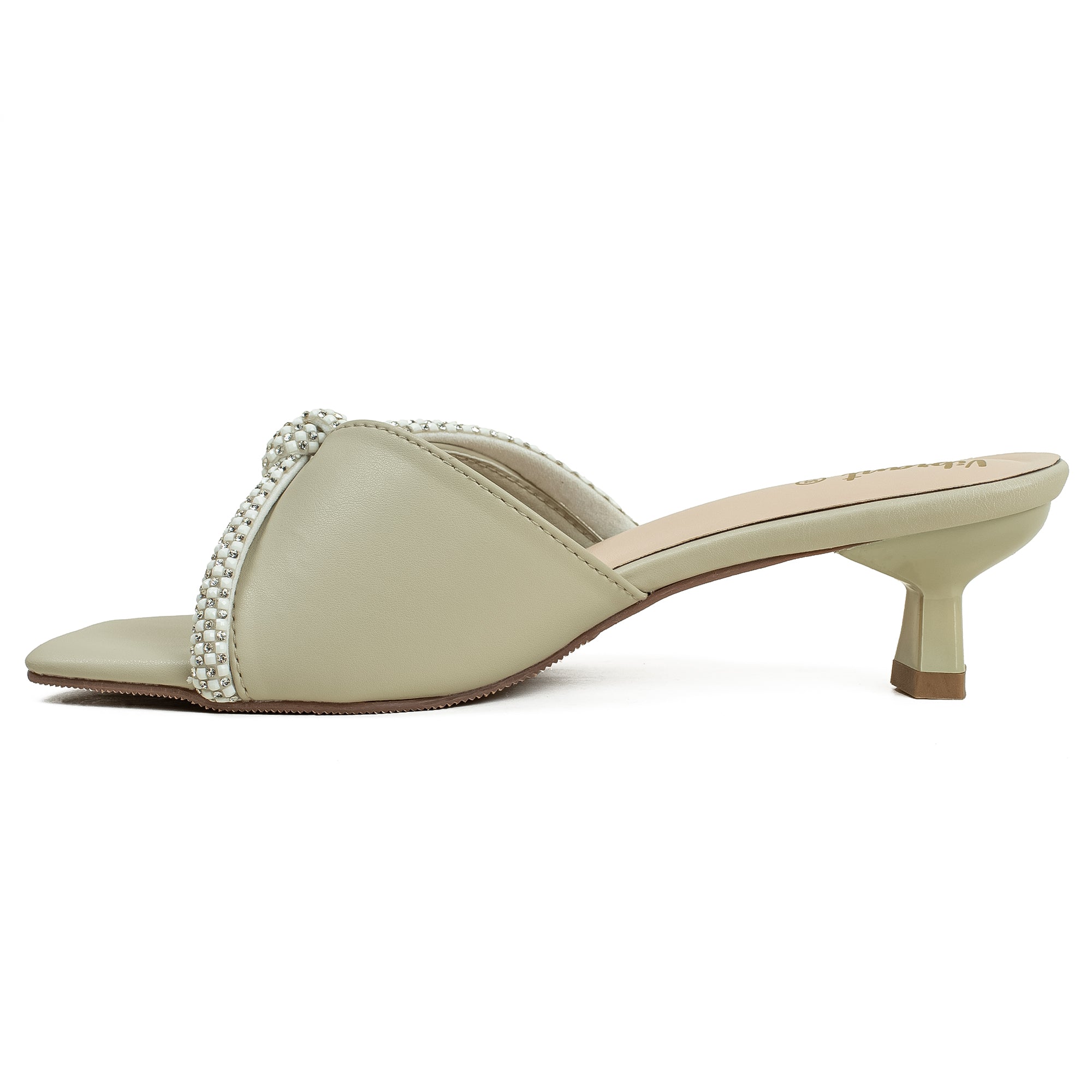 Vibrant Women's Cream Beige Kitten Heel Sandals – Elegant Pearl Strap, PU Leather, Cushioned Insole for Fashion Lovers - Vibrantbd.com