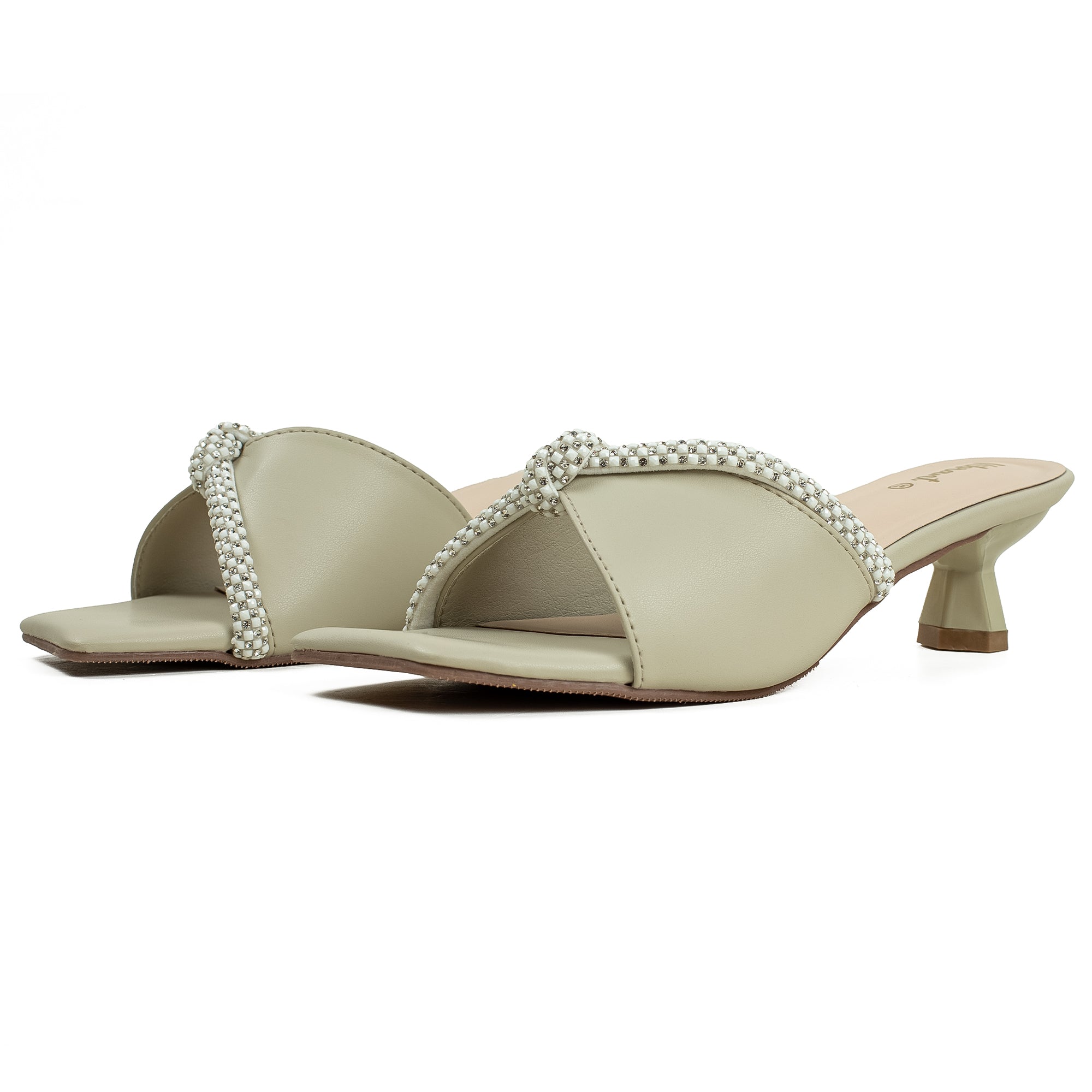 Vibrant Women's Cream Beige Kitten Heel Sandals – Elegant Pearl Strap, PU Leather, Cushioned Insole for Fashion Lovers - Vibrantbd.com