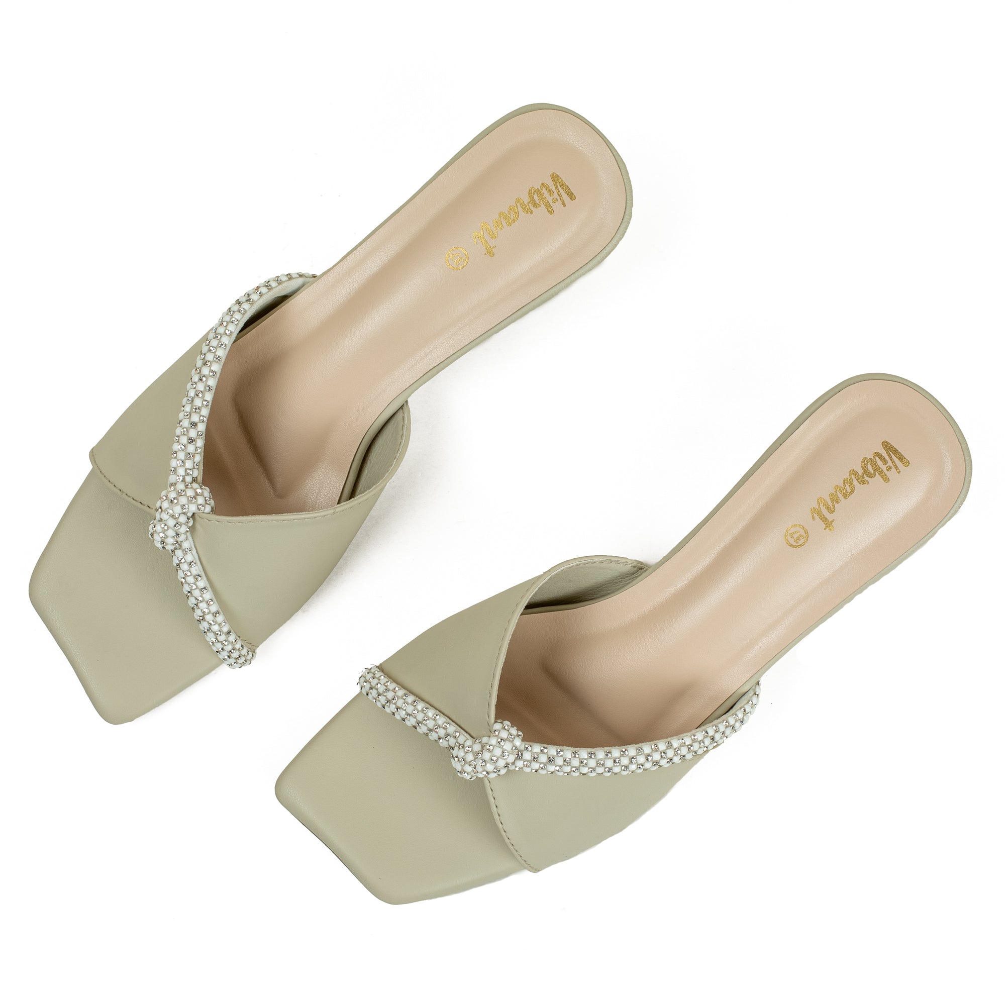 Vibrant Women's Cream Beige Kitten Heel Sandals – Elegant Pearl Strap, PU Leather, Cushioned Insole for Fashion Lovers - Vibrantbd.com