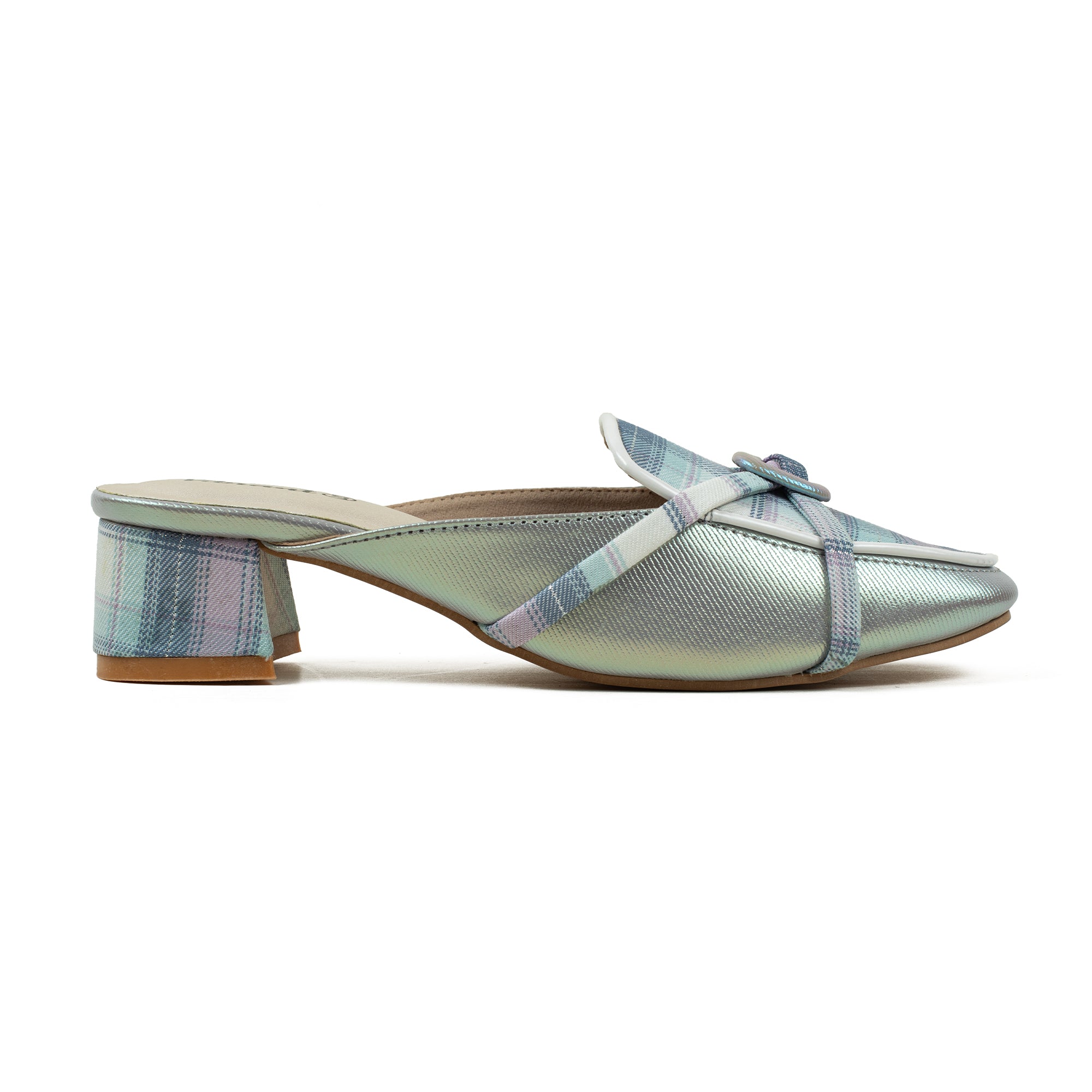 Ladies' Metallic Green Microfibre Block Heel Mules | Vibrant® Stylish Slip-On Shoes with Bow Detail - Vibrantbd.com