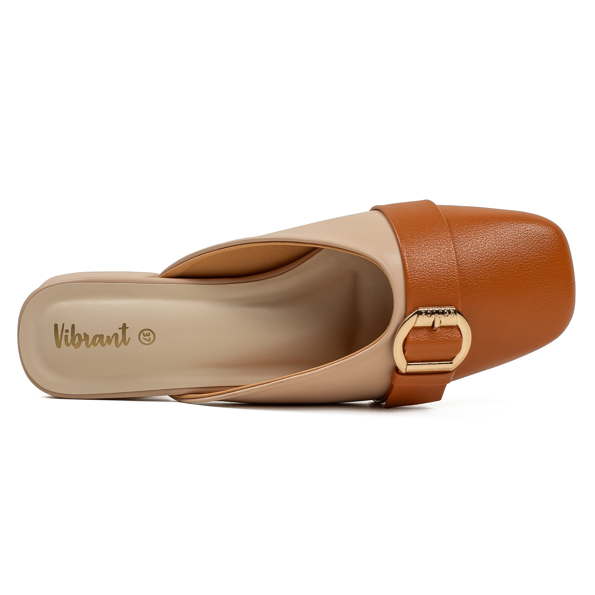 Vibrant Ladies Beige & Tan PU Block Heel Shoes with Cushioned Insole - Modern and Comfortable - Vibrantbd.com