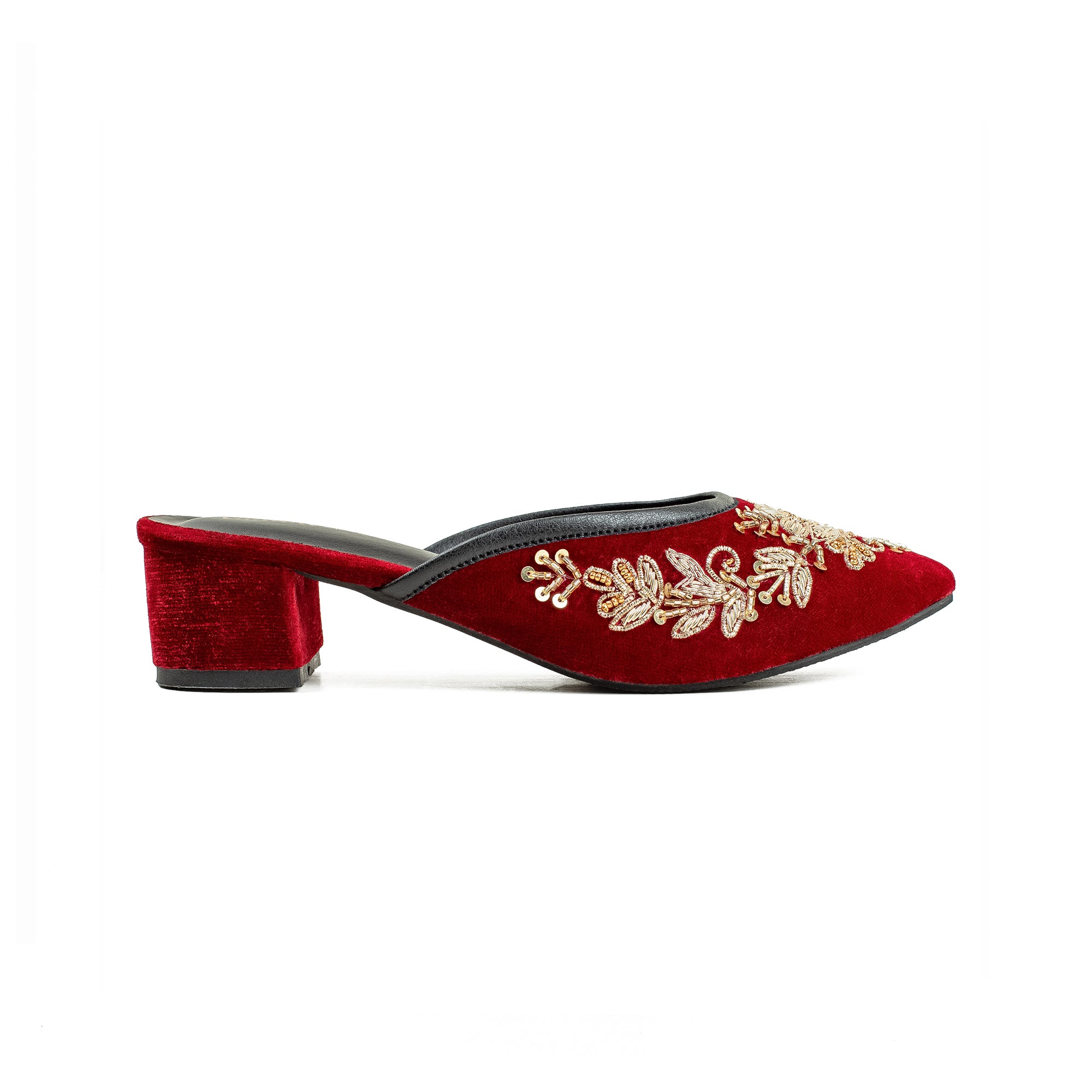 Vibrant Women's Red Embroidered Velvet Block Heel Sandal – Stylish & Comfortable Party Wear Shoes - Vibrantbd.com