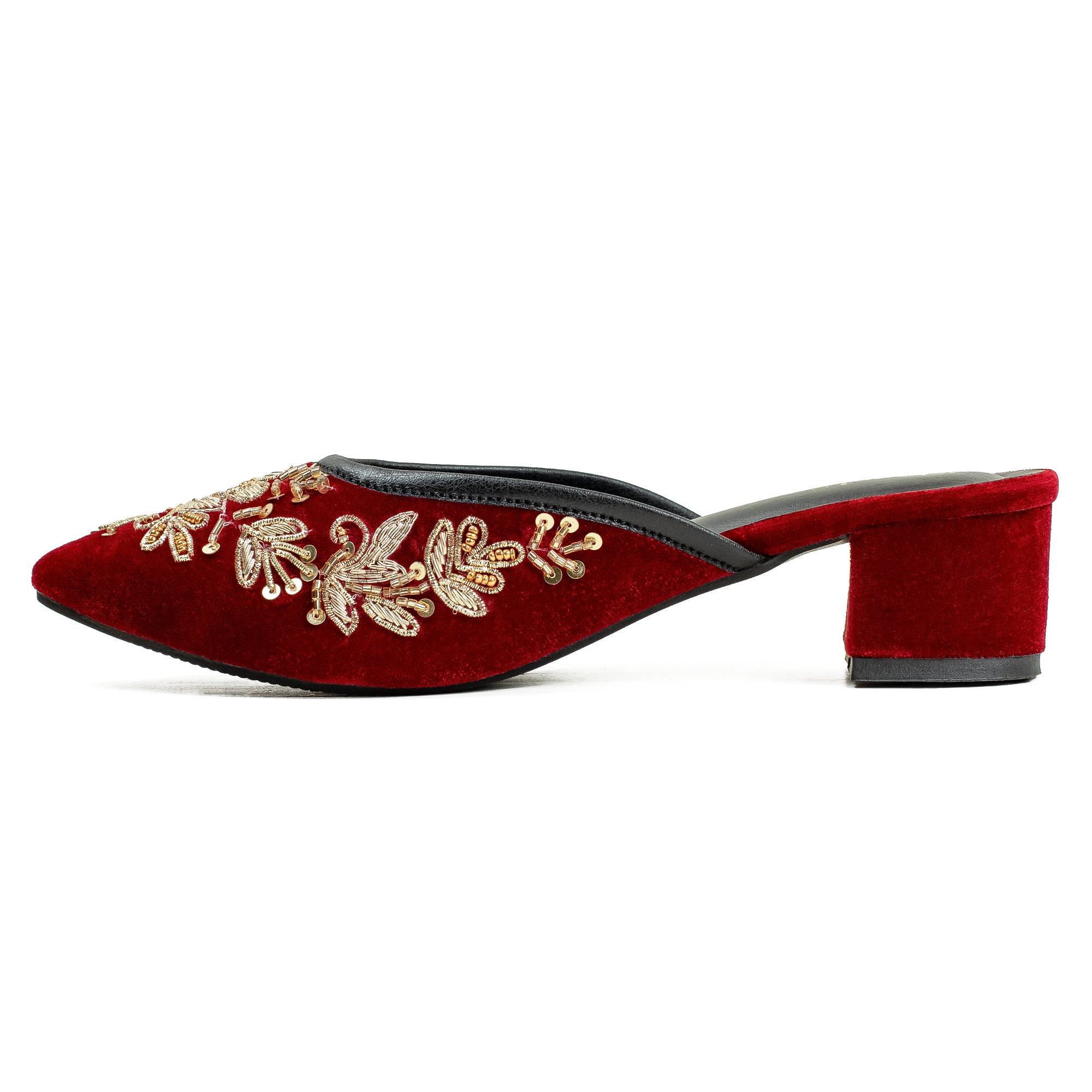 Vibrant Women's Red Embroidered Velvet Block Heel Sandal – Stylish & Comfortable Party Wear Shoes - Vibrantbd.com