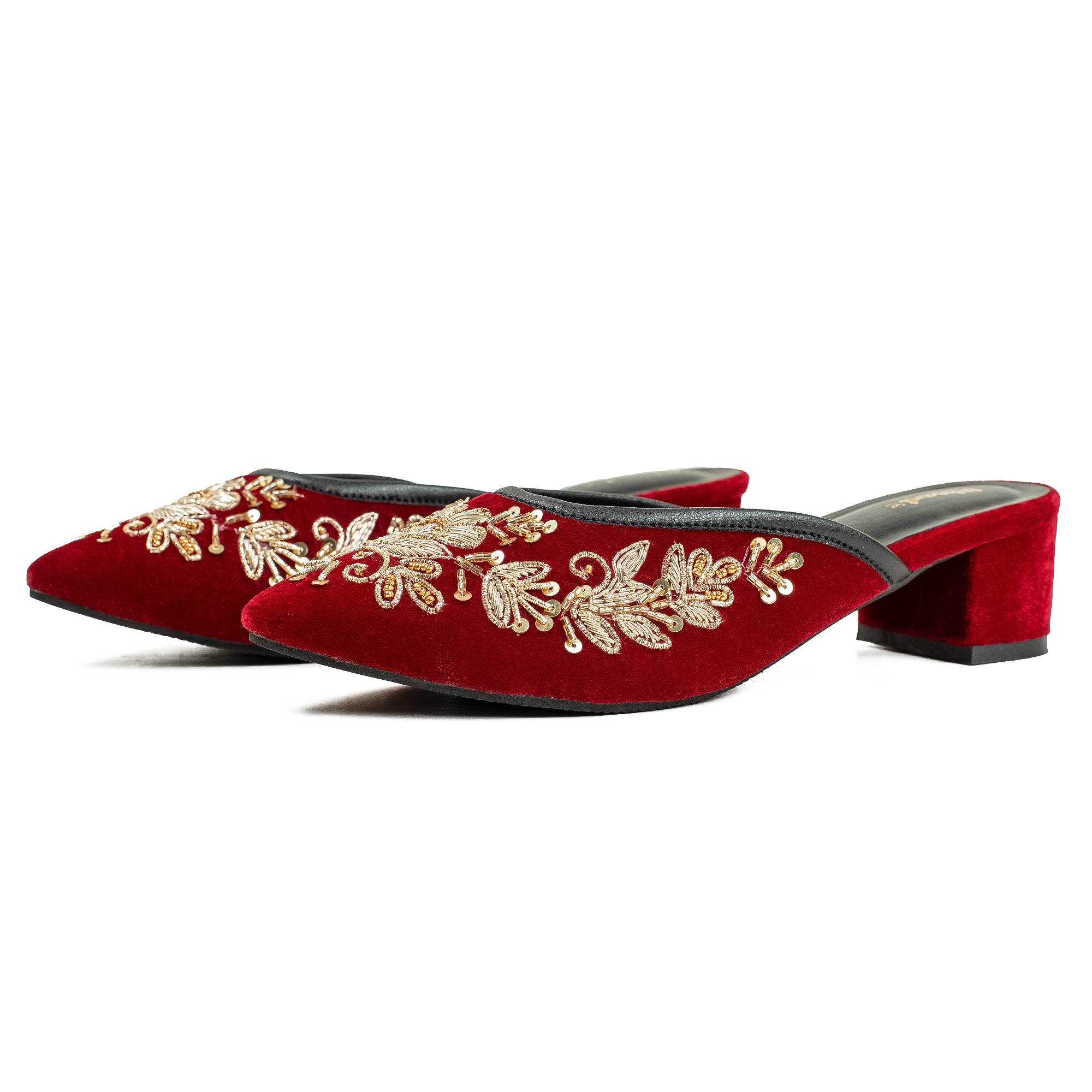 Vibrant Women's Red Embroidered Velvet Block Heel Sandal – Stylish & Comfortable Party Wear Shoes - Vibrantbd.com