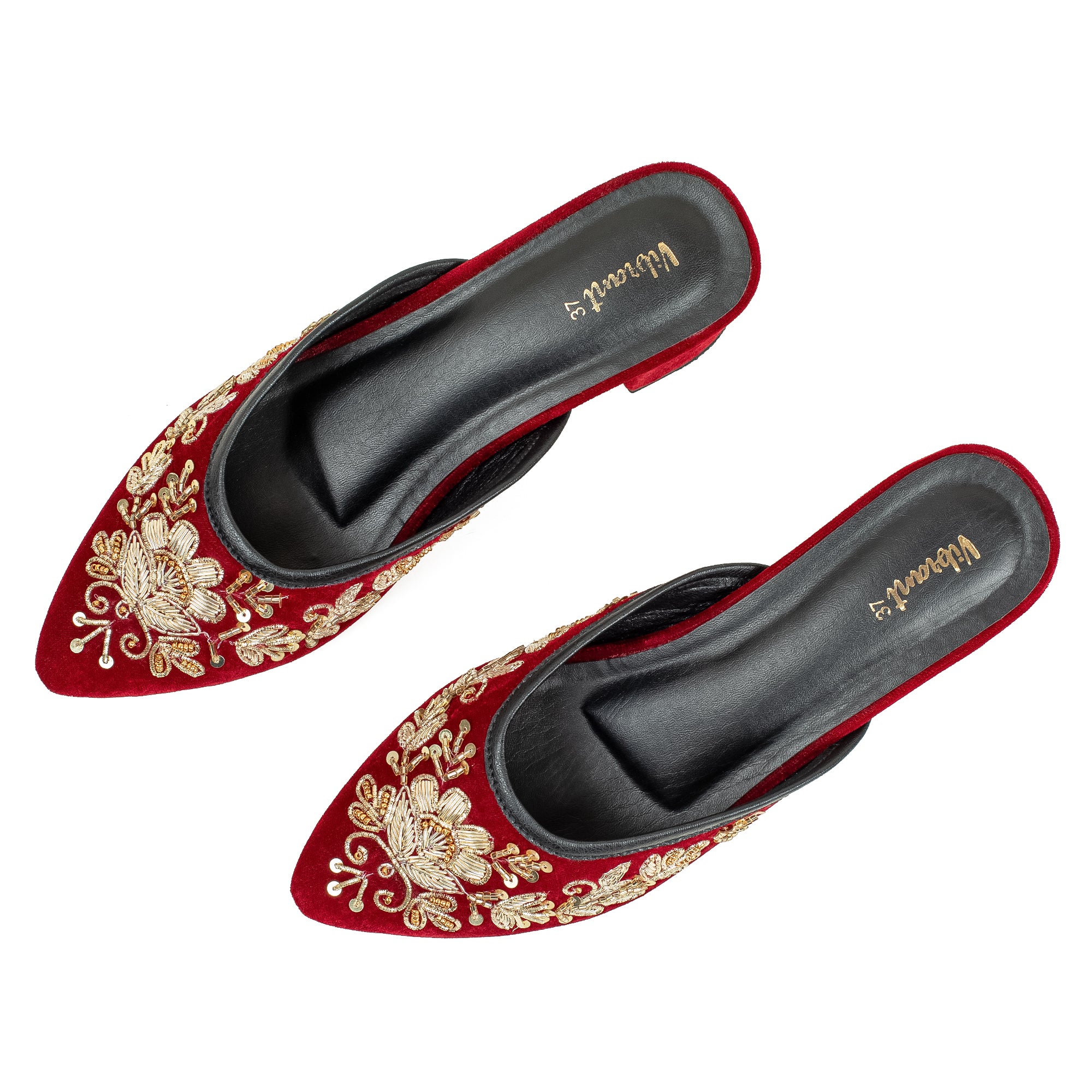 Vibrant Women's Red Embroidered Velvet Block Heel Sandal – Stylish & Comfortable Party Wear Shoes - Vibrantbd.com