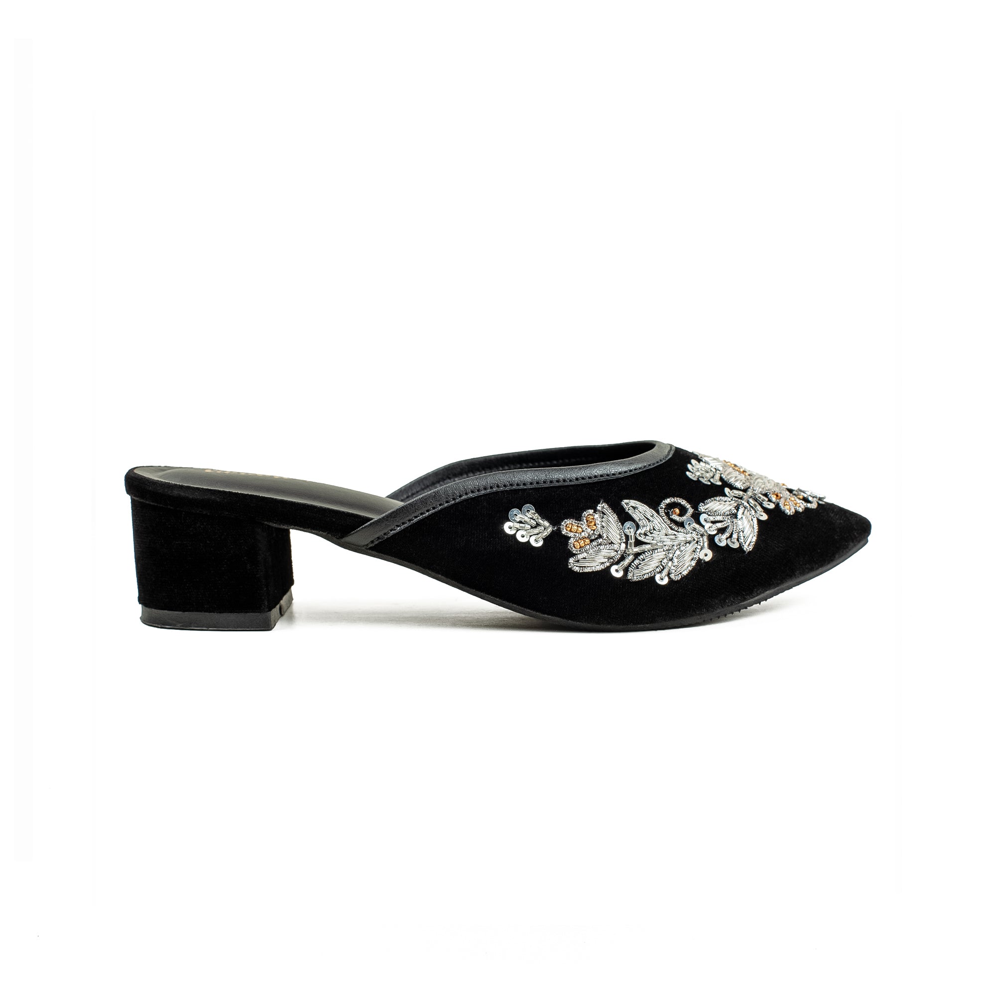 Vibrant Women's Black Embroidered Velvet Block Heel Sandal – Stylish & Comfortable Party Wear Shoes - Vibrantbd.com