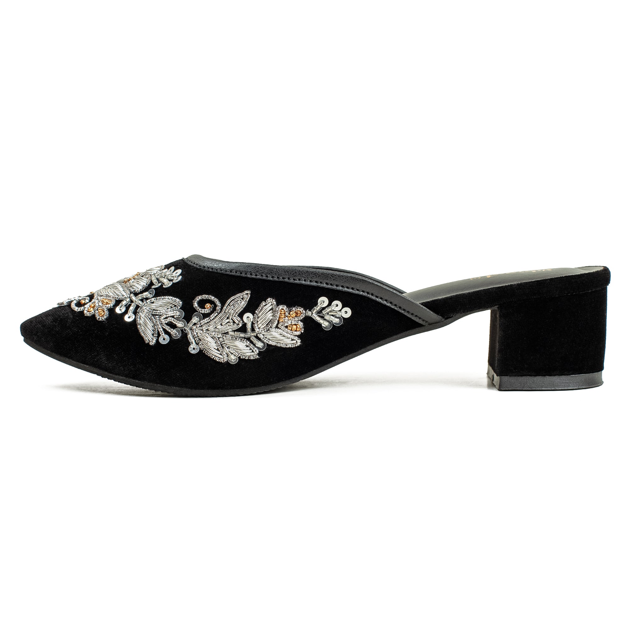 Vibrant Women's Black Embroidered Velvet Block Heel Sandal – Stylish & Comfortable Party Wear Shoes - Vibrantbd.com