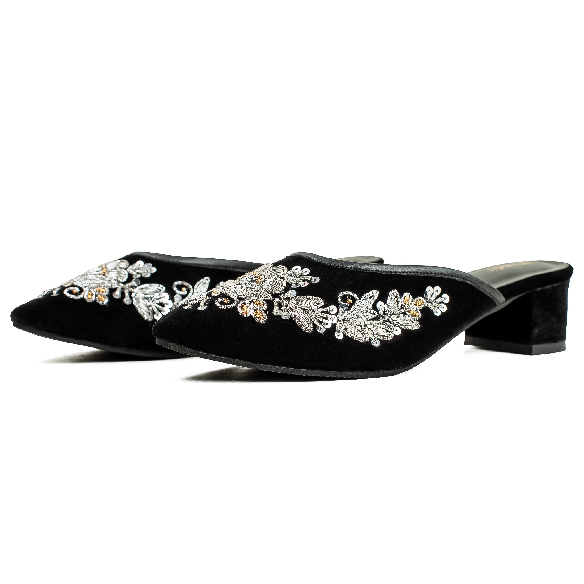 Vibrant Women's Black Embroidered Velvet Block Heel Sandal – Stylish & Comfortable Party Wear Shoes - Vibrantbd.com
