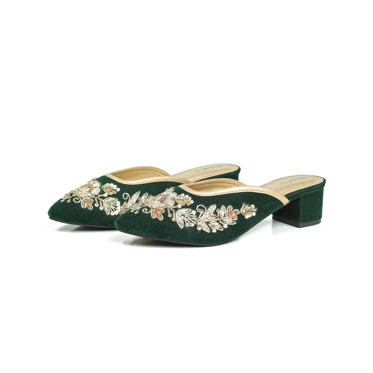 Vibrant Women's Green Embroidered Velvet Block Heel Sandal – Stylish & Comfortable Party Wear Shoes - Vibrantbd.com