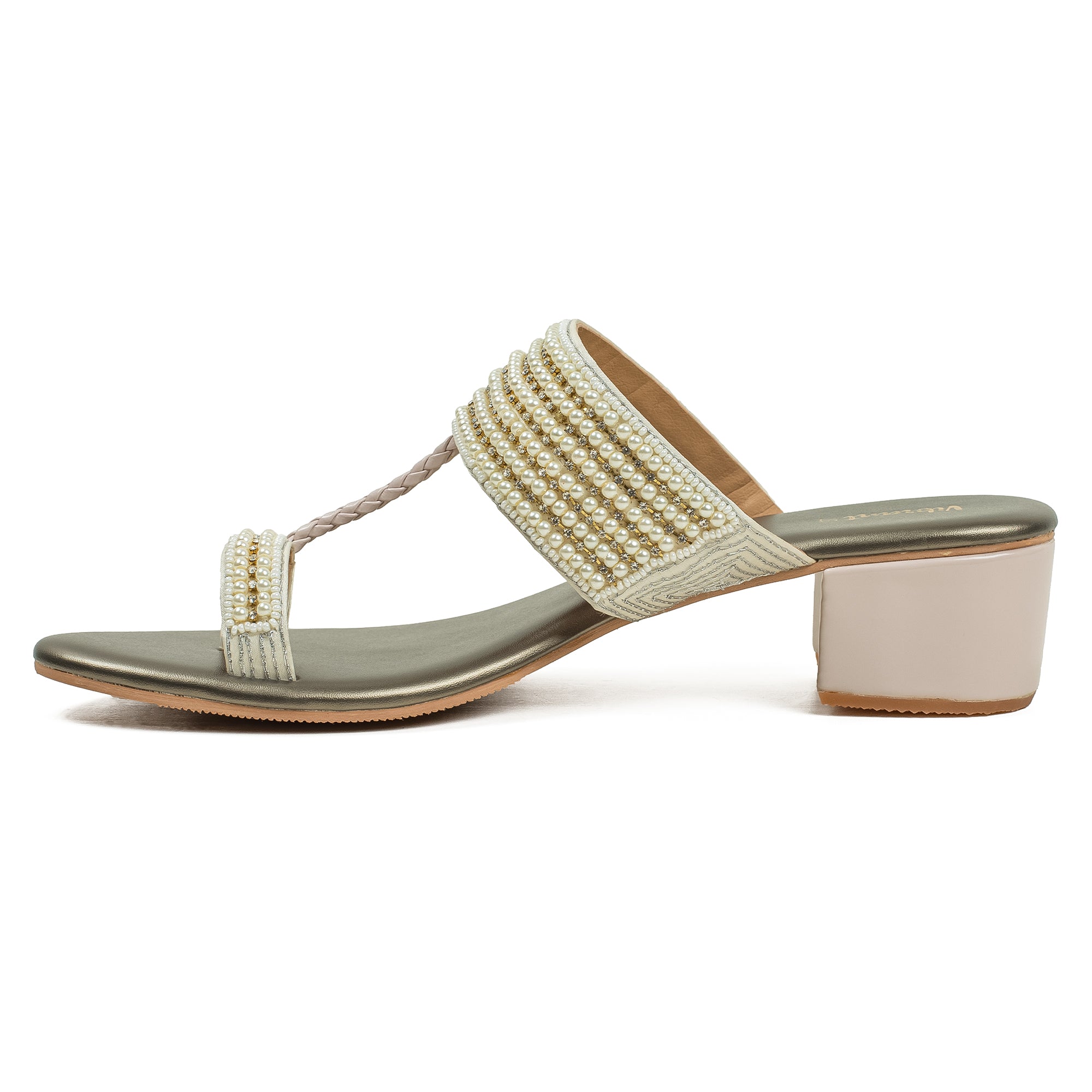 Vibrant Women's Pearl Embellished Block Heel Sandals – Elegant PU Leather Slip-On for Fashion & Comfort - Vibrantbd.com