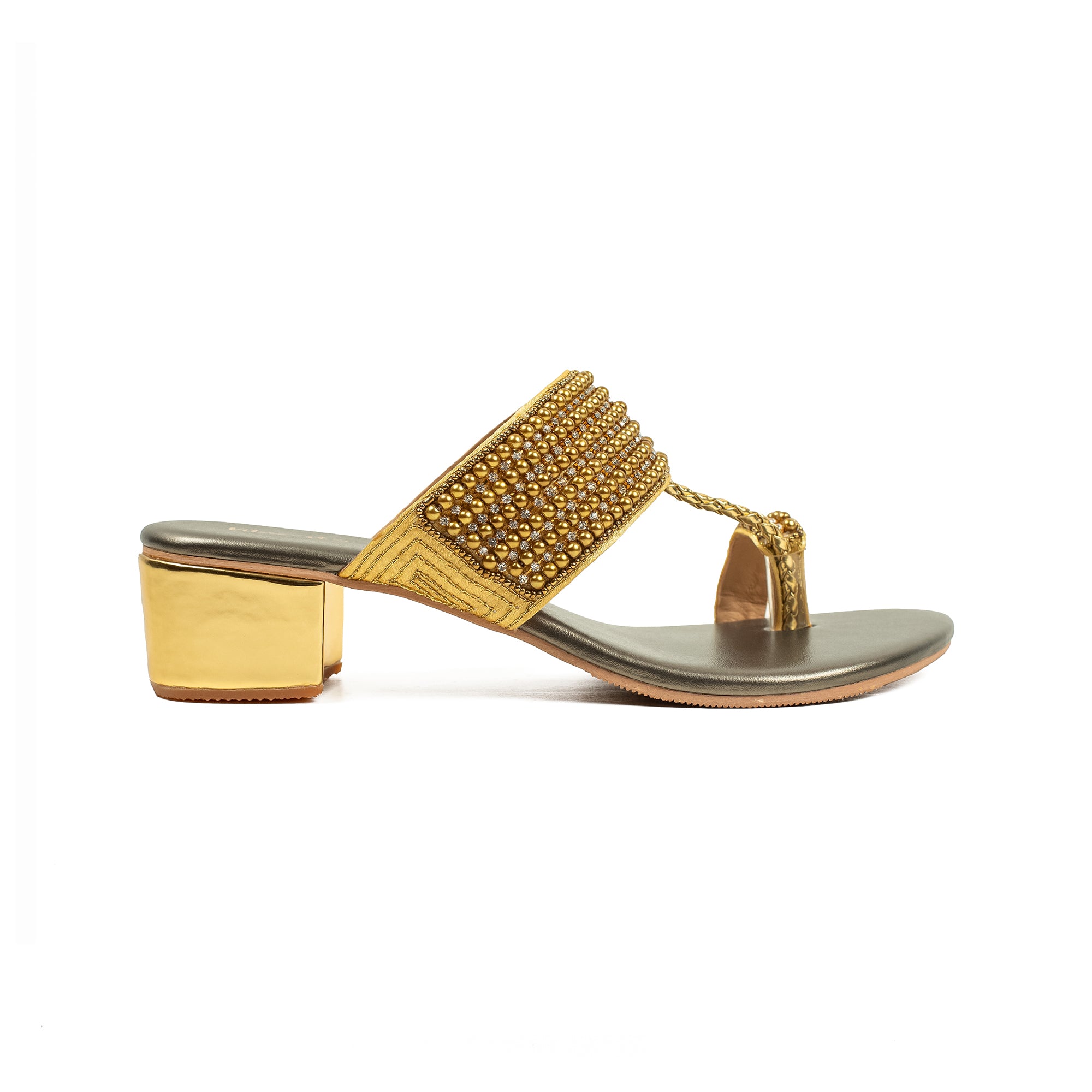 Vibrant Women's Pearl Embellished Golden Block Heel Sandals – Elegant PU Leather Slip-On for Fashion & Comfort - Vibrantbd.com