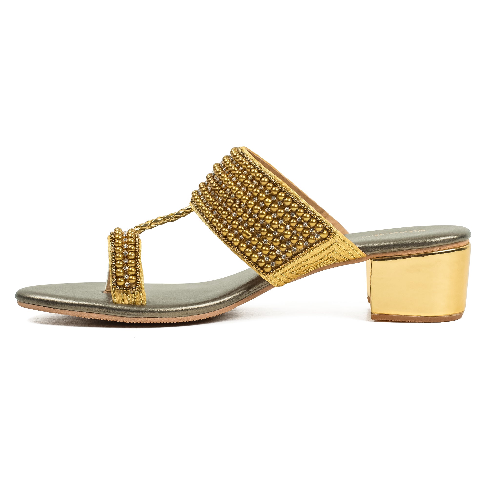 Vibrant Women's Pearl Embellished Golden Block Heel Sandals – Elegant PU Leather Slip-On for Fashion & Comfort - Vibrantbd.com