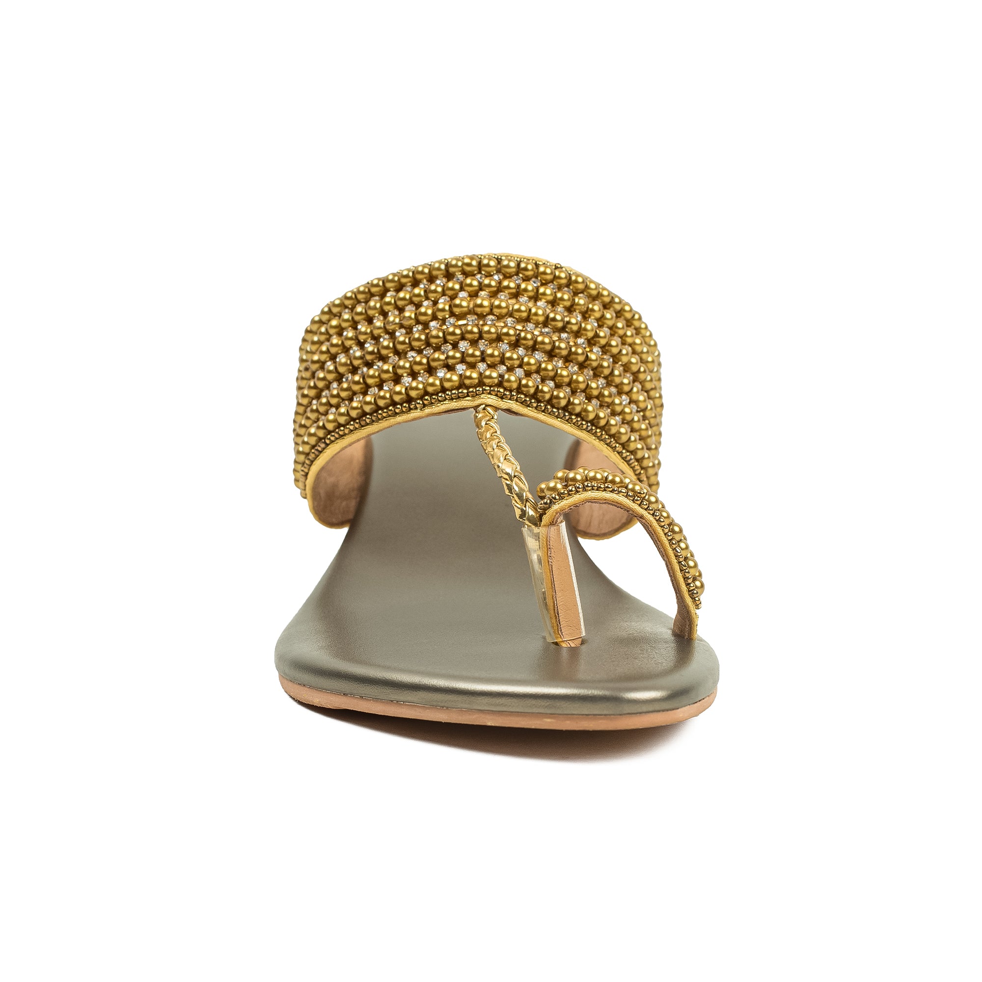 Vibrant Women's Pearl Embellished Golden Block Heel Sandals – Elegant PU Leather Slip-On for Fashion & Comfort - Vibrantbd.com